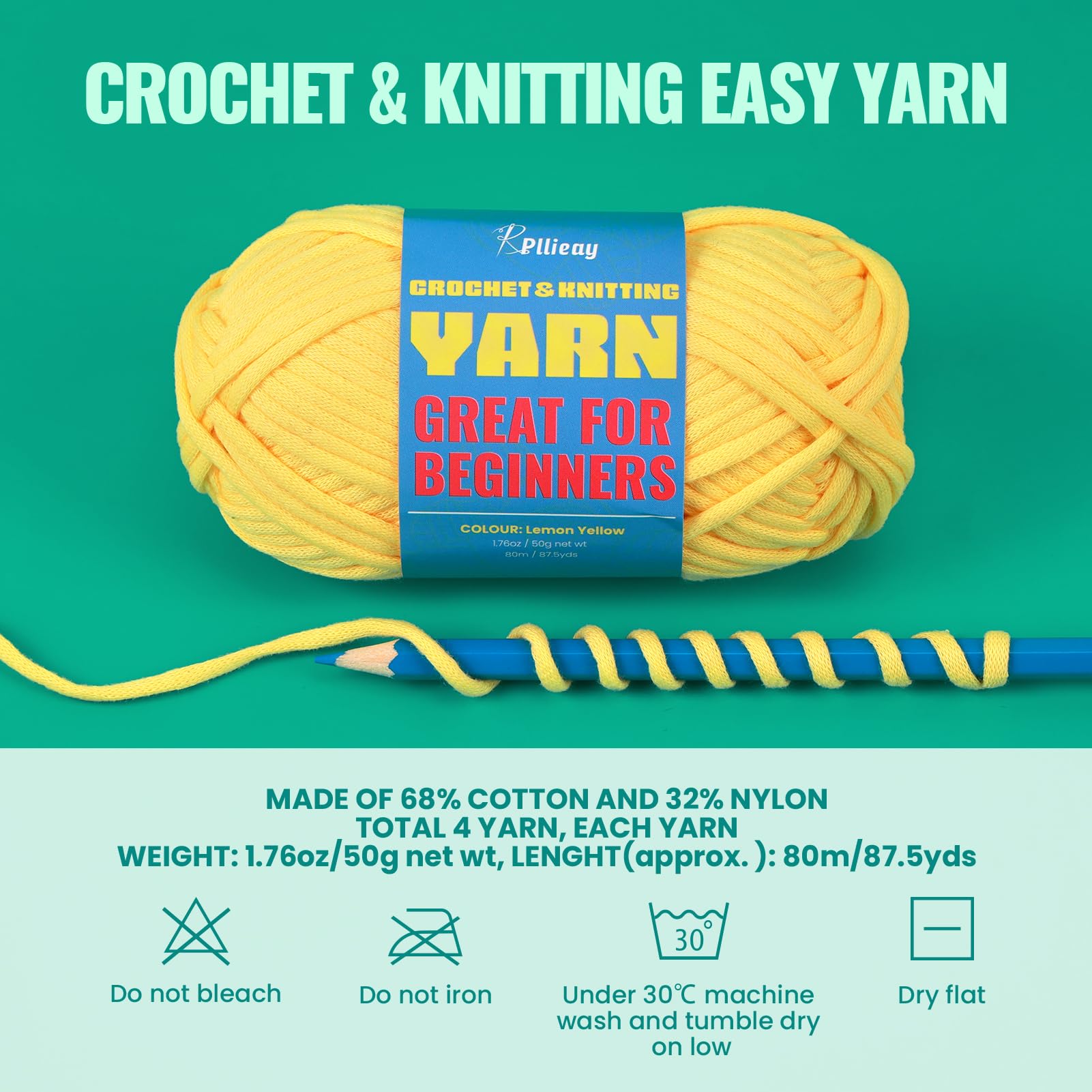 Pllieay Baby Blue Crochet & Knitting Yarn (4x50g) - Soft Cotton-Nylon Blend, Worsted Medium #4 Yarn for Beginners with Easy-to-See Stitches - Perfect for Baby Blankets, Scarves & DIY Crafts