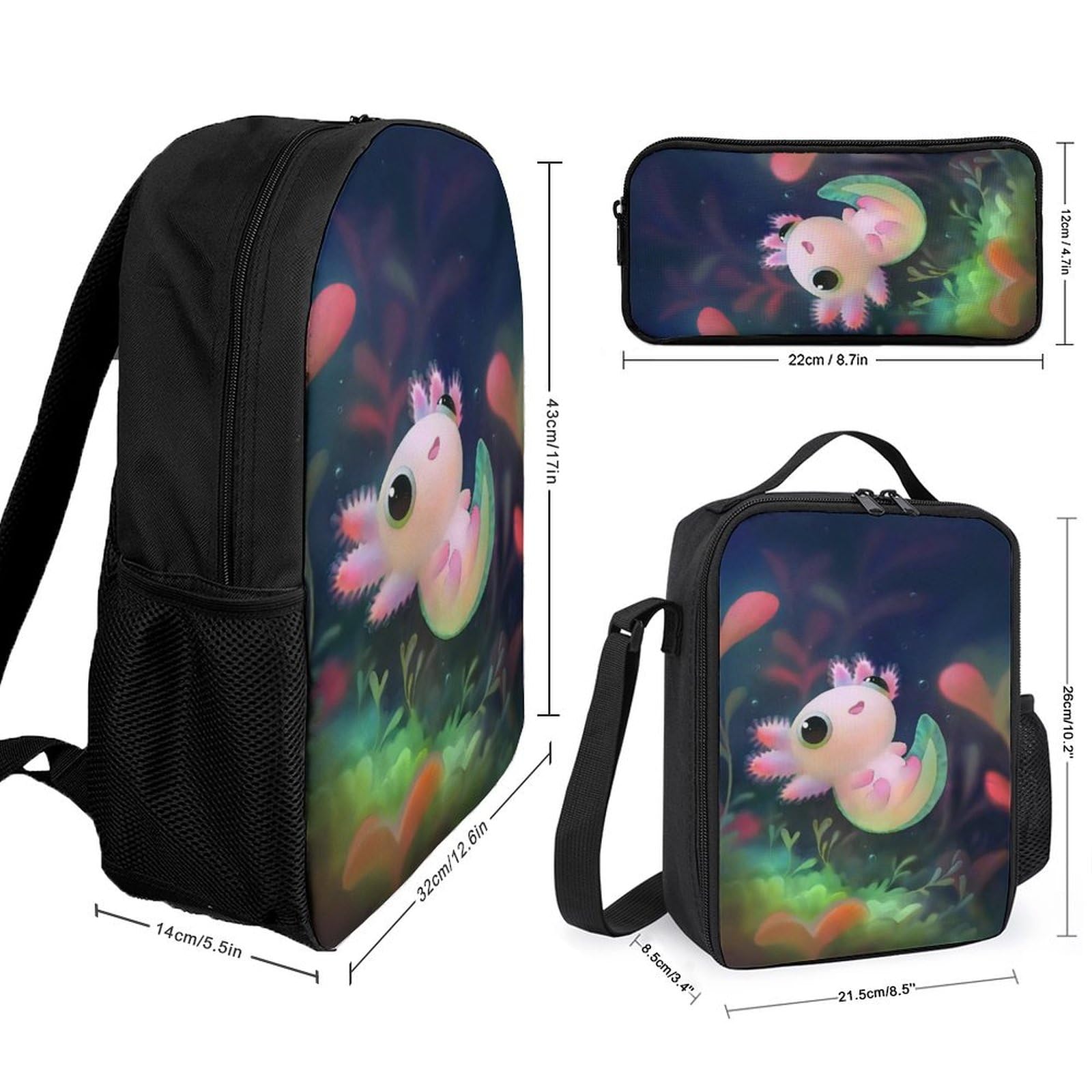Waterproof Axolotl Backpack for School & Travel - 17 Inch Cute Laptop Bookbag with Lunch Bag & Pencil Case for Boys, Teens & Kids | Perfect for School, College, Hiking & Daily Use
