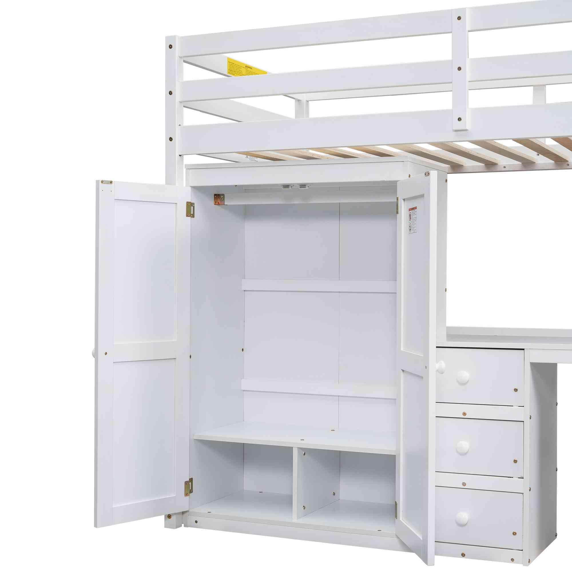 ATY Twin Size Loft Bed with Wardrobe & 3 Drawers - Solid Wood Bed Frame with Built-in Desk & Computer Space - Multifunctional Kids Bedroom & Dorm Furniture - No Box Spring Needed - White - Perfect for Small Spaces, Teen Rooms & College Dorm Organization