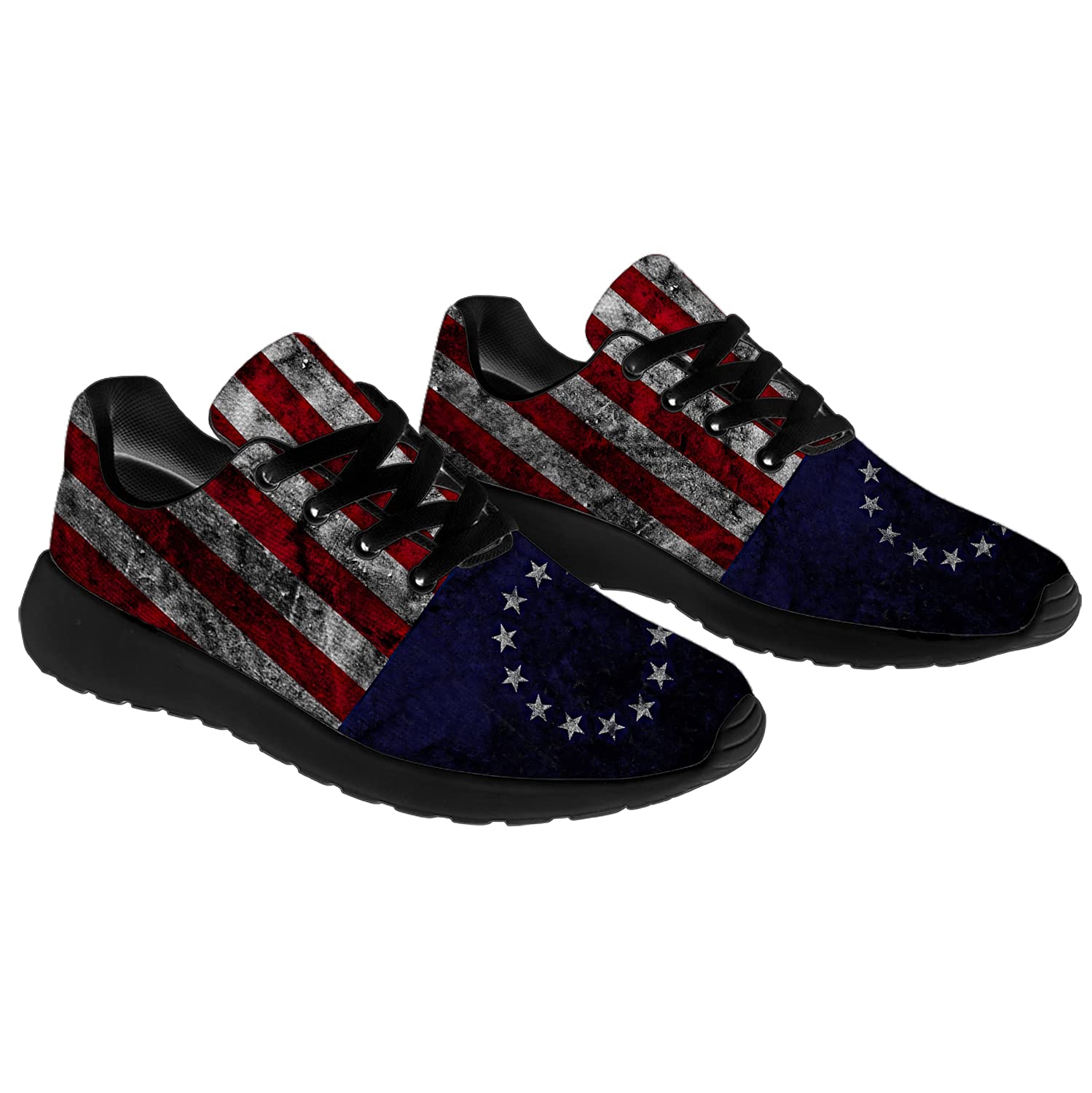 Betsy Ross Flag Sneakers for Men & Women - Patriotic Running Walking Tennis Shoes with American Flag Design - 4th of July Independence Day Gifts for Him Her - Size 9 Men/10.5 Women Black - Perfect for July 4th Celebrations, Parades & Patriotic Events