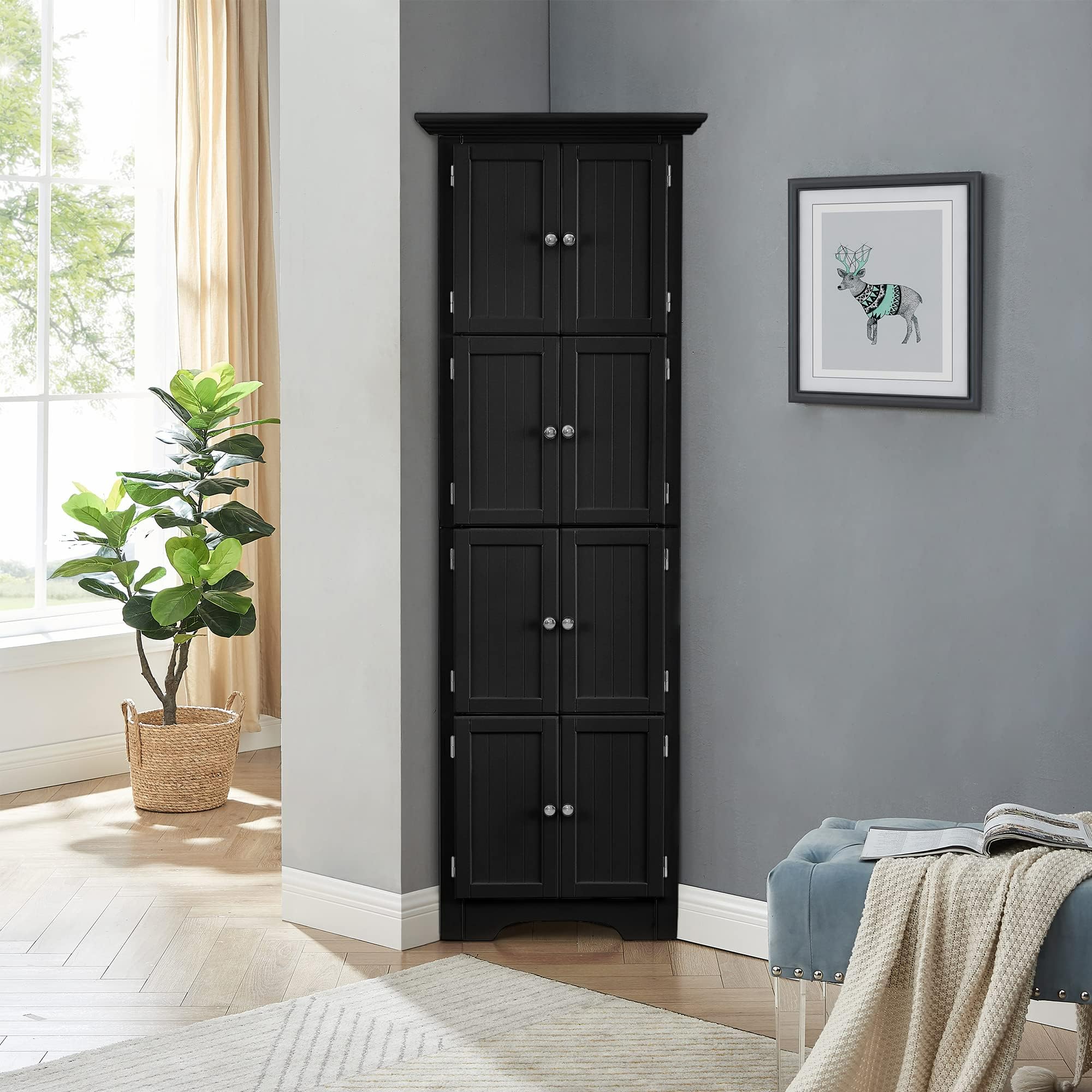 72 Inch Tall Corner Storage Cabinet with 8 Doors - 4-Tier Kitchen Pantry Organizer for Living Room, Kitchen, Office & Bathroom - Black | Space-Saving Storage Solution for Small Homes & Apartments