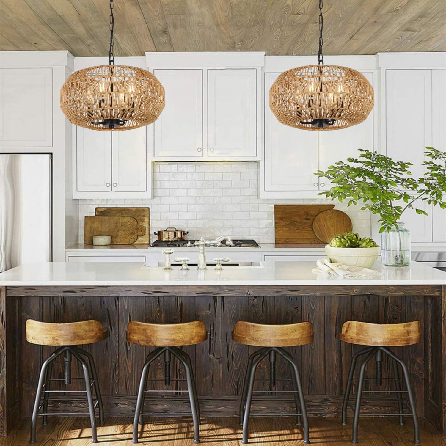 SEIHONG 4-Light Boho Rattan Pendant Light - Hand Woven Wicker Chandelier Lighting Fixture for Farmhouse, Dining Room, Kitchen Island, Living Room & Foyer | Perfect for Rustic, Coastal & Bohemian Home Decor