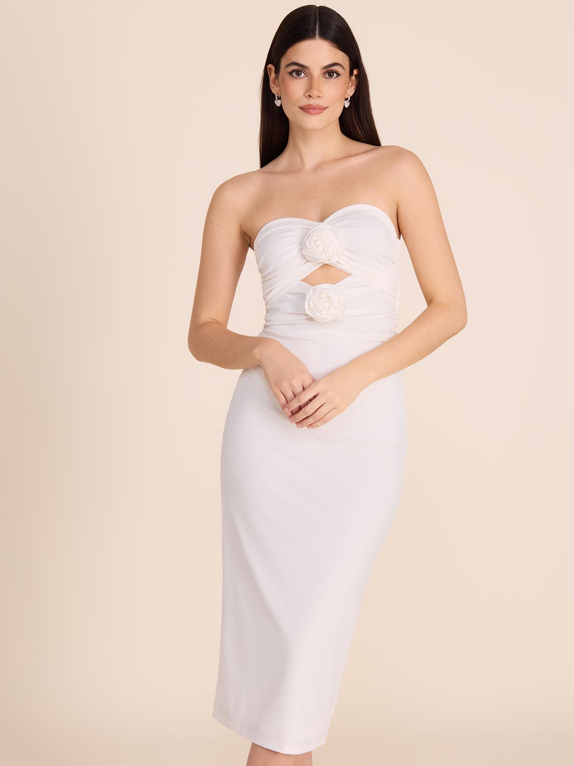 Strapless Midi Dress with Rosettes & Cut Outs - Elegant Floral Lace Cocktail Party Dress for Women | Perfect for Weddings, Date Nights & Special Occasions