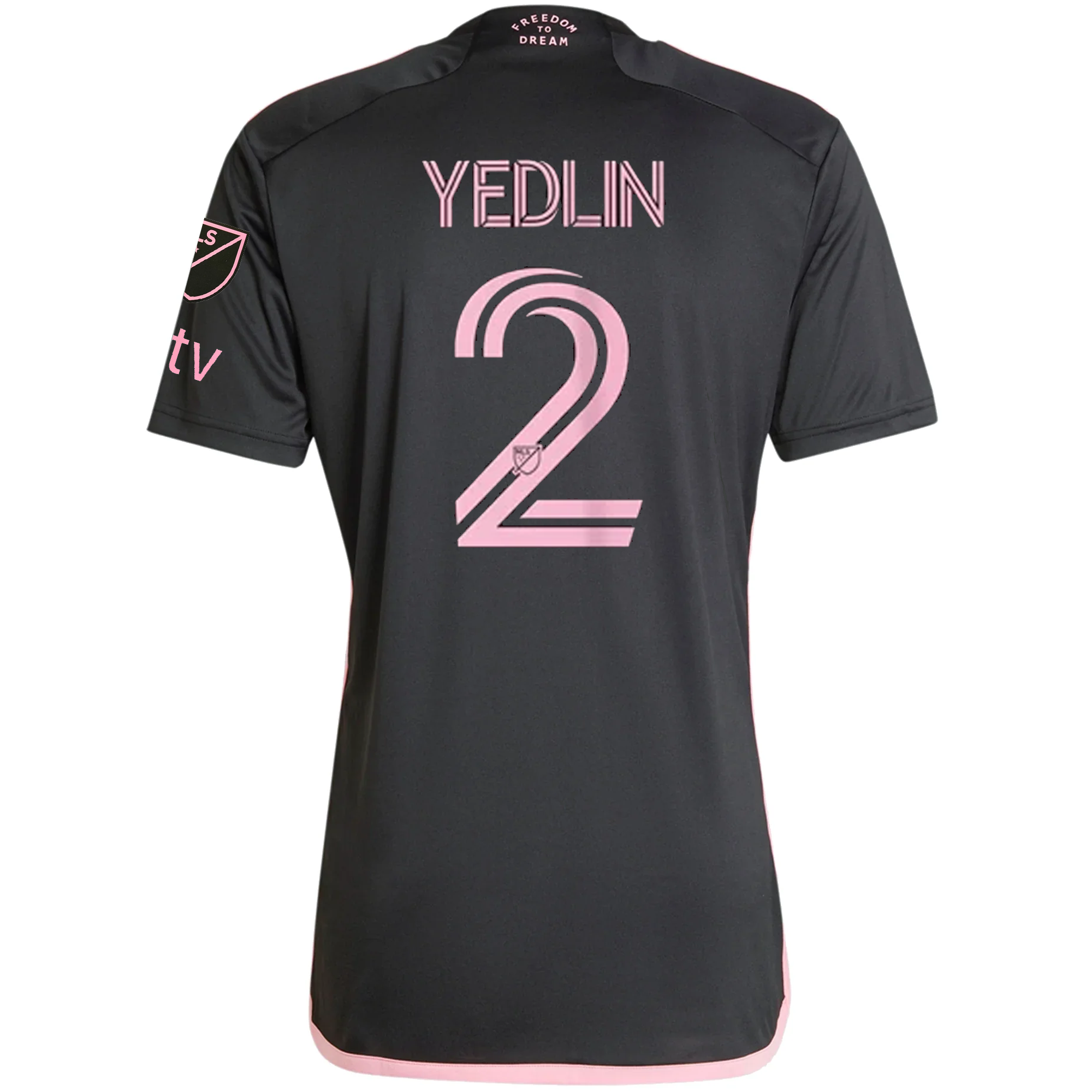 Adidas Inter Miami CF DeAndre Yedlin 2023-2024 Away Jersey - Black/Bliss Pink with MLS & Apple TV Patches | Authentic Soccer Jersey for Fans & Collectors | Perfect for Matchdays, Gifts & Soccer Enthusiasts