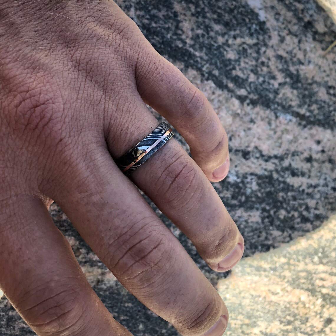 Handmade Damascus Steel Ring with Copper Inlay - Custom KE-208-AT Wedding Band for Men, Unique Father's Day Gift, Durable Stainless Steel Jewelry for Everyday Wear & Special Occasions