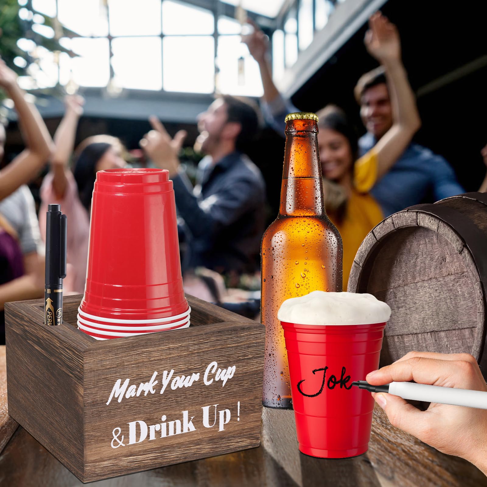 Rustic Wooden Cup Holder with Marker Slot - Disposable Party & Wedding Cup Holder for Bar, Kitchen, Countertop, Home & Office - Perfect for Events, BBQs, and Outdoor Gatherings (Brown)