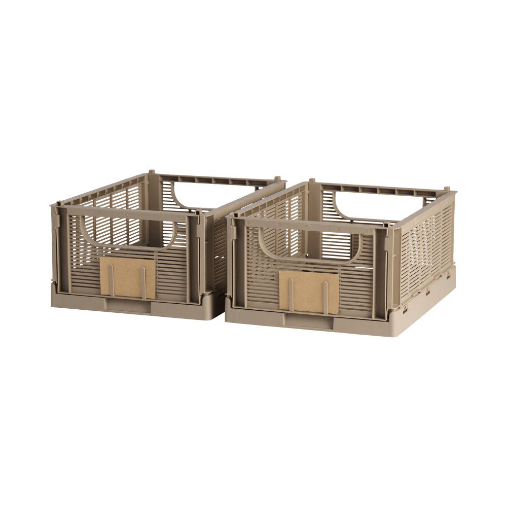 DESIGNSTUFF Linear Collapsible Storage Crate Set of 2 - Medium 33x25cm Taupe Foldable Organizer for Home, Office, Closet & Laundry Room Organization