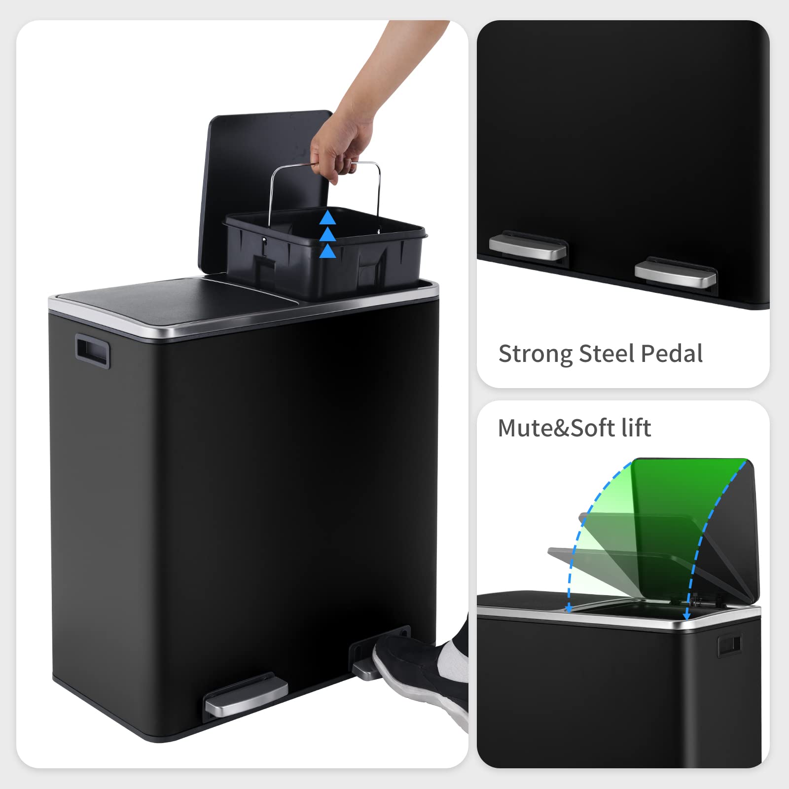 16 Gallon Stainless Steel Trash Can with Dual Compartment - 60L Metal Kitchen Step Recycle Bin, Double Dustbin for Home Use - Includes Removable Liner Buckets (Black) - Perfect for Kitchen Waste Sorting & Recycling