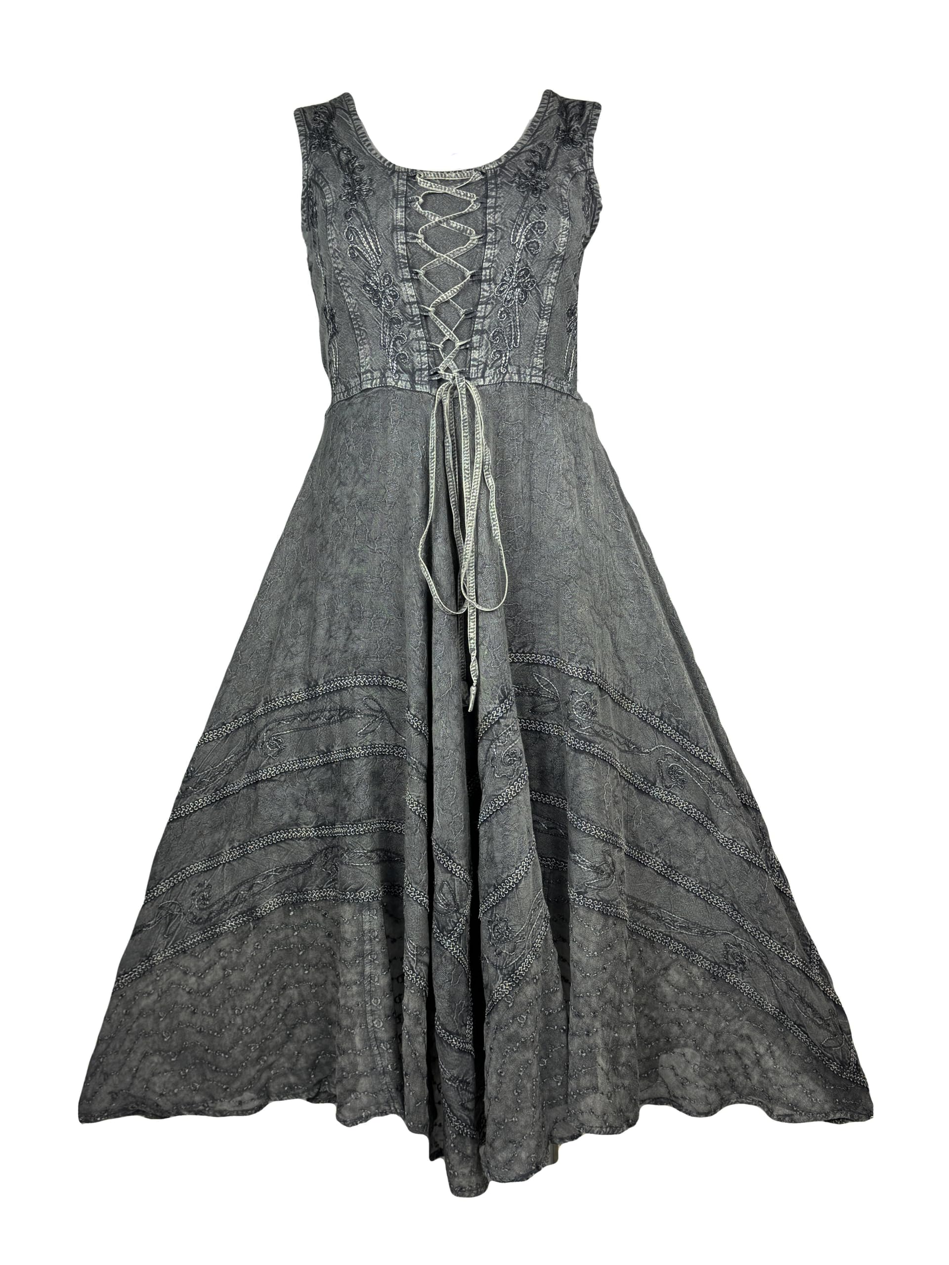 Agan Traders Women's Gothic Corset Smocked Maxi Dress - Sleeveless Embroidered Summer Dress with Twirl Design, Calf Length | Perfect for Spring/Summer Weddings, Parties & Gothic Fashion