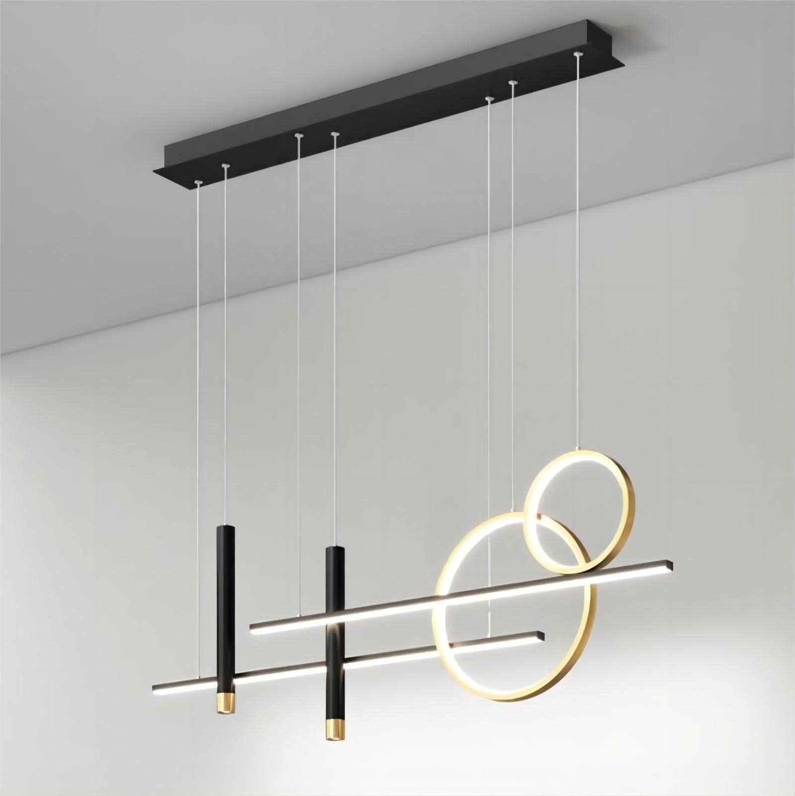 6-Light LED Island Pendant Light - 39.4 Inch Modern Geometric Linear Hanging Light with Remote Control & Dimmable Brightness for Kitchen Island, Dining Room & Living Room - Black Contemporary Lighting Fixture