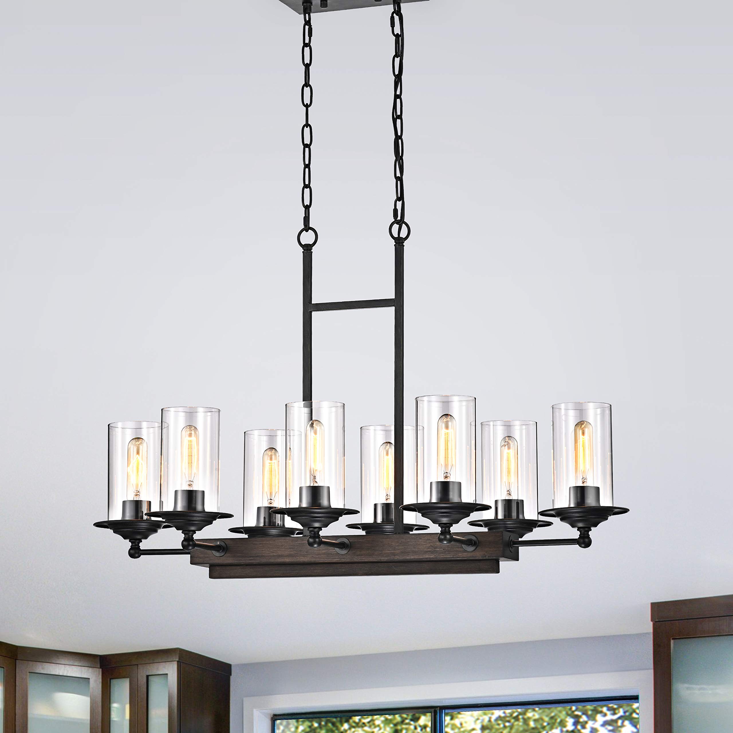 Jojospring 8-Light Wood Frame Clear Glass Shade Chandelier - Modern Farmhouse Ceiling Light Fixture for Dining Room, Living Room & Bedroom Lighting