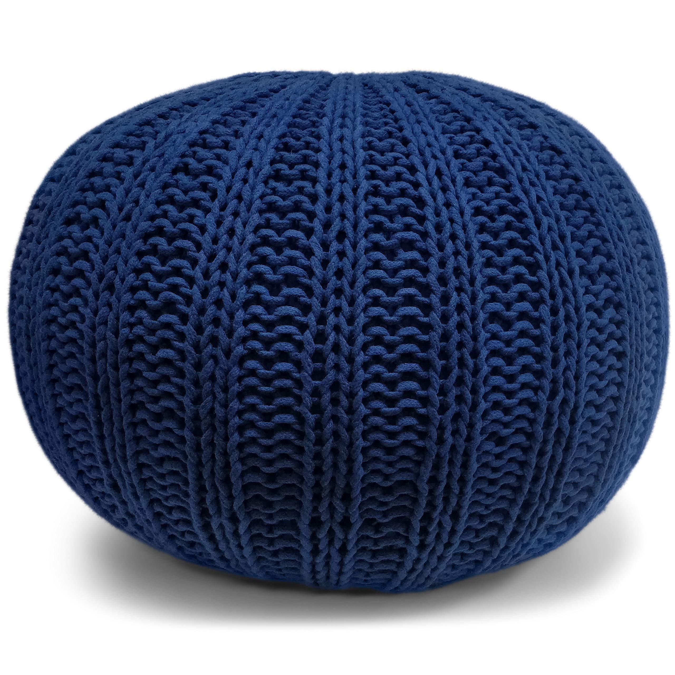 SIMPLIHOME Shelby Round Hand Knit Pouf Ottoman - Blue Cotton Upholstered Footstool for Living Room, Bedroom & Nursery - Transitional Boho Style Accent Seat - Perfect for Reading Nook, Cozy Corner or Kids Play Area