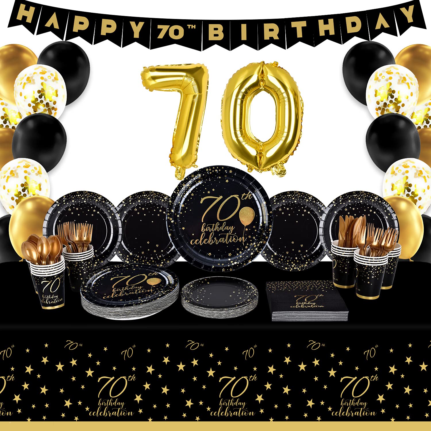 Gatherfun 70th Birthday Party Supplies Set - 25-Pack Disposable Paper Plates, Napkins, Cups, Cutlery & Tablecloth with Black & Gold Number 70 Balloons & Banner - Elegant 70th Birthday Decorations for Men & Women - Perfect for Milestone Celebrations & Retirement Parties