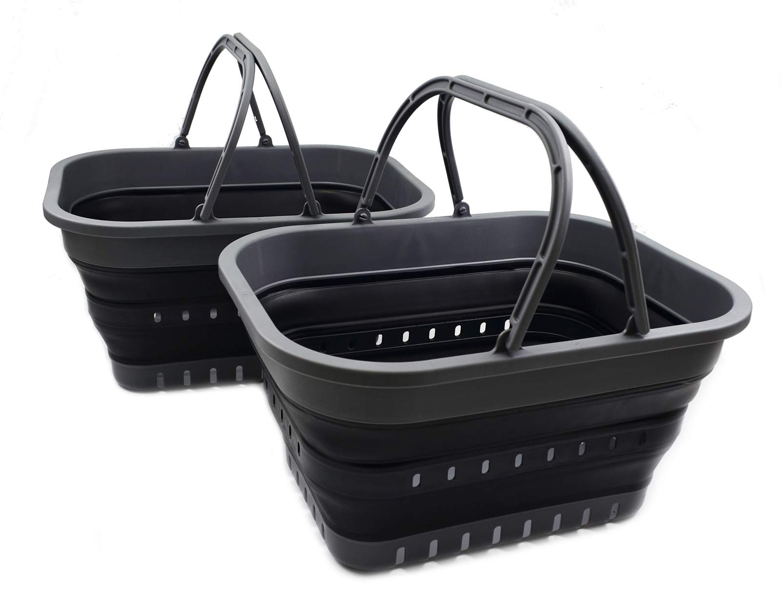 Foldable Laundry Basket with Handle - 19L (5 Gallon) Collapsible Storage Bin for Home, Camping & Travel - Portable Picnic Basket & Dish Organizer - Space Saving Grey/Black Design - Perfect for Dorms, Apartments & Outdoor Adventures