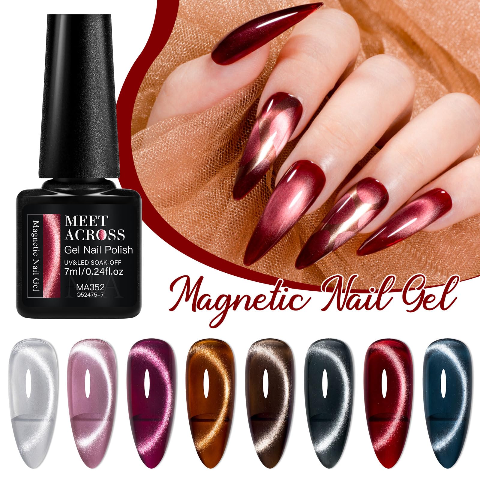 MEET ACROSS 12-Piece Cat Eye Gel Nail Polish Set - Fall Winter Retro Magnetic Nail Polish Kit in Pink, Brown, Blue, Gray & Green with Base & Top Coat - Soak Off UV Gel for Salon & Home Manicure - Perfect Gift for Nail Art Lovers