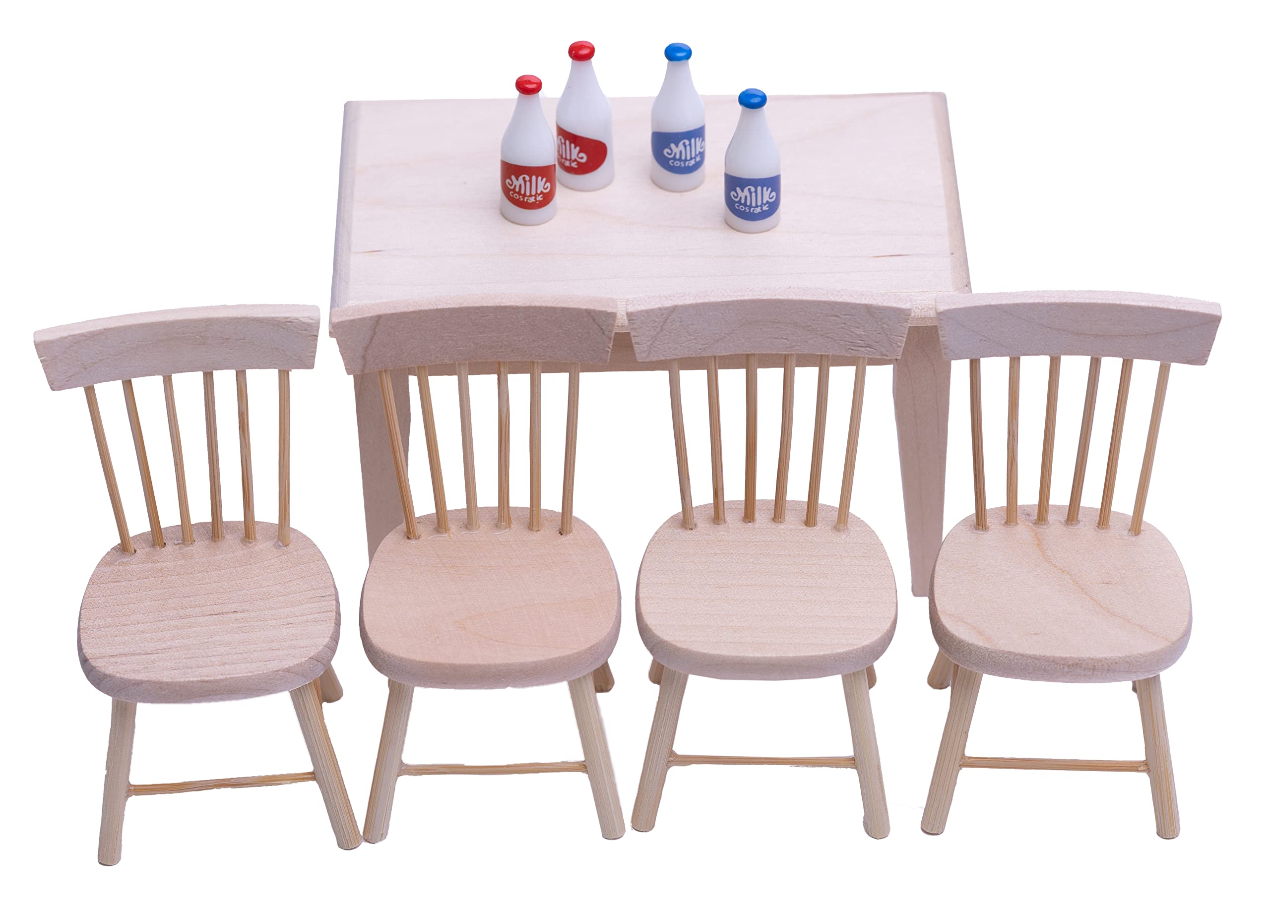 1:12 Scale Miniature Dollhouse Furniture Set - Wooden Dining Table & Chairs with Milk Bottle Accessories | Perfect for Dollhouse Decor, Collectors, and DIY Miniature Scenes