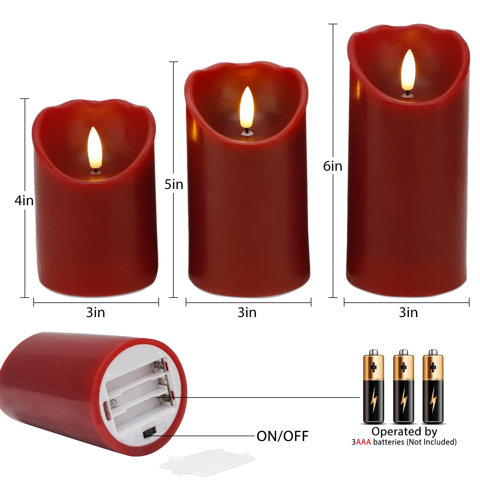 Battery Operated Flameless LED Candles with Remote & Timer - Set of 3 Real Wax Flickering Electric Candles for Christmas Decor, Home Party, Wedding Centerpiece & Holiday Ambiance (Red)