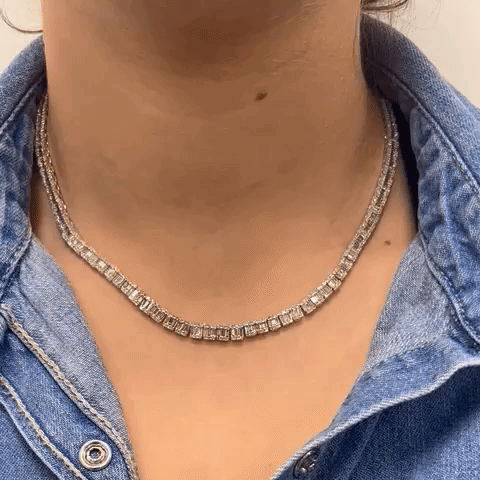 14K Gold Halfway Graduated Baguette & Round Diamond Tennis Necklace (5.25 ct) - Elegant Jewelry for Weddings, Anniversaries & Special Occasions