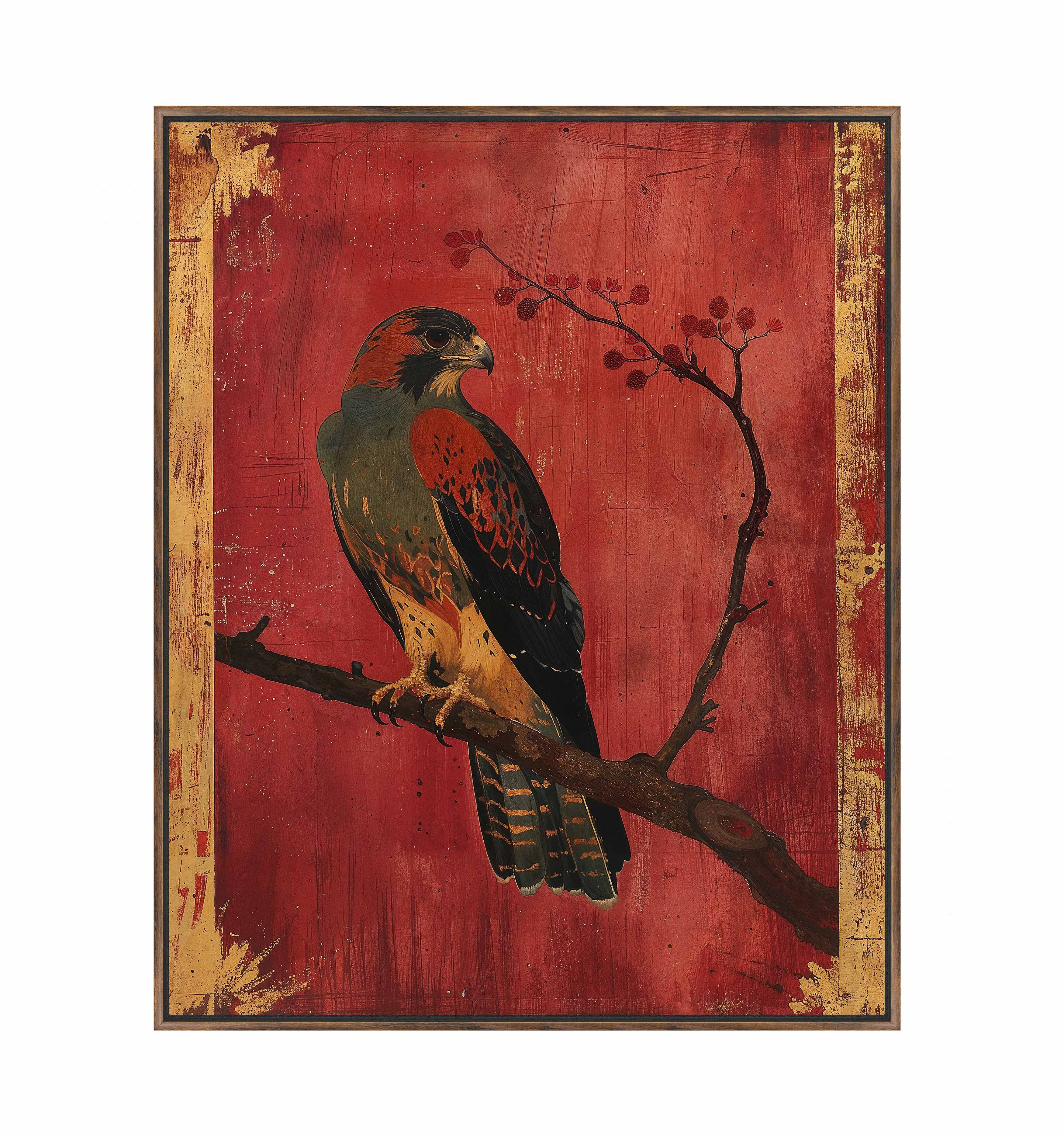 Crimson Majesty Falcon of the Silk Road Wall Art - Handmade Gallery Wrapped Canvas Painting for Living Room, Bedroom & Office Decor