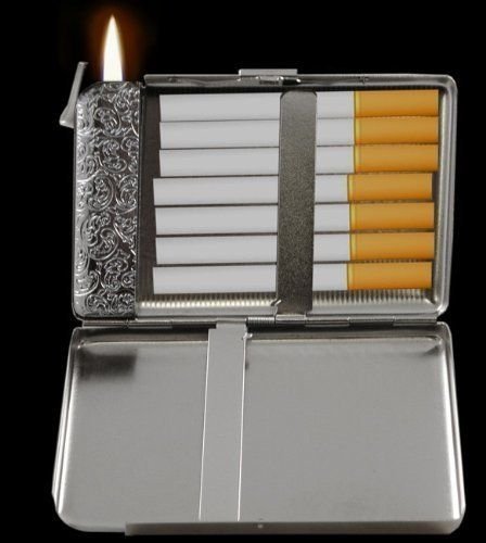 Death Skull King S2 Silver Metal Cigarette Case with Built-in Lighter - Wallet Size 4