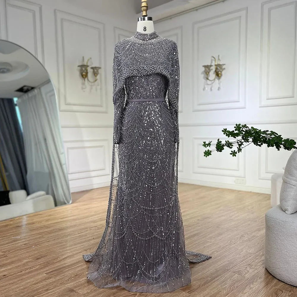 Luxury Muslim Hijab Mermaid Long Cape Evening Gown for Women - Dubai Arabia Inspired Wedding Party Dress 2025 (LA72032M) - Perfect for Formal Events, Bridal Showers & Special Occasions