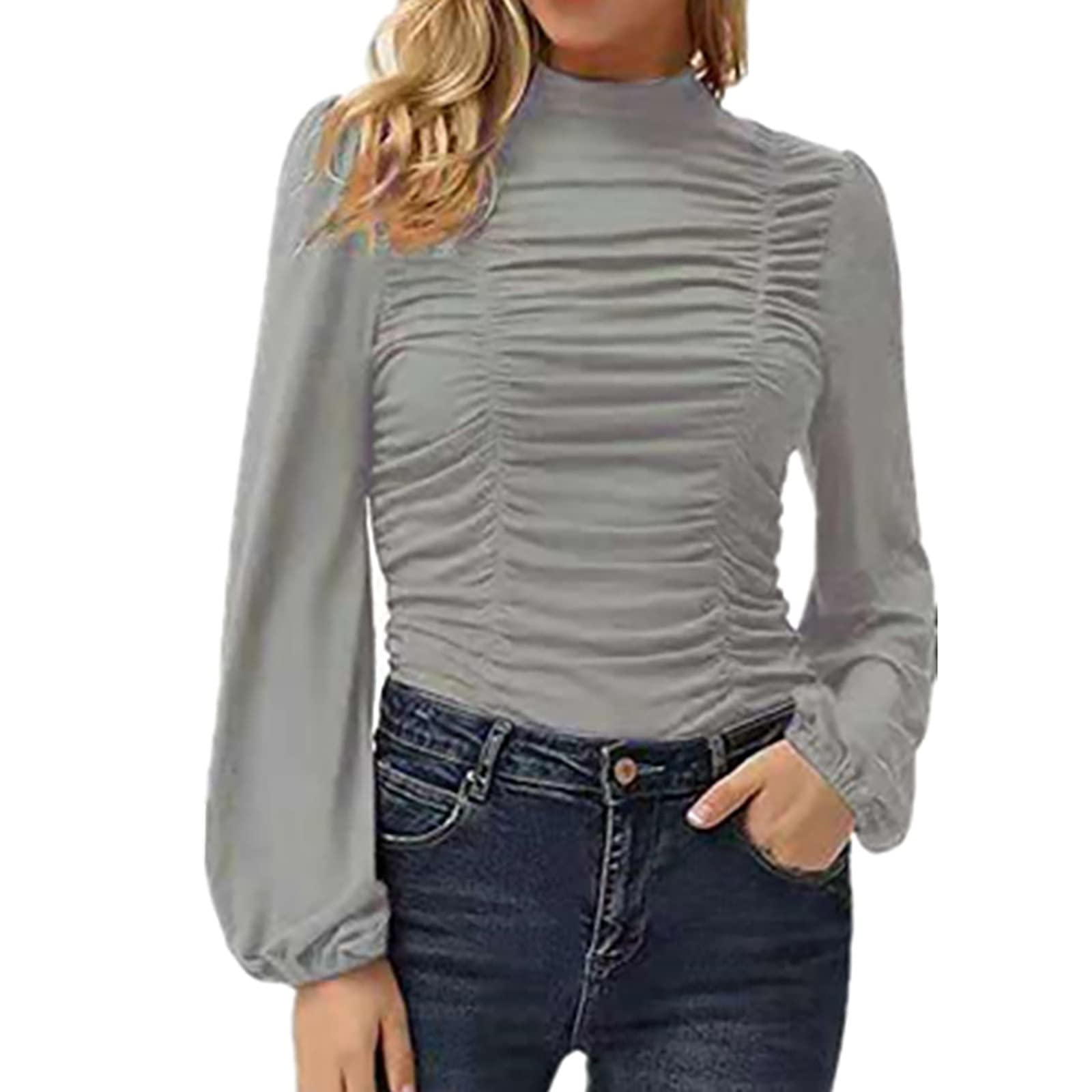 Women's Solid Color Slim Fit Long Lantern Sleeve High Neck Ruched Blouse - Work to Casual T-Shirt Top | Office Wear & Everyday Outfits