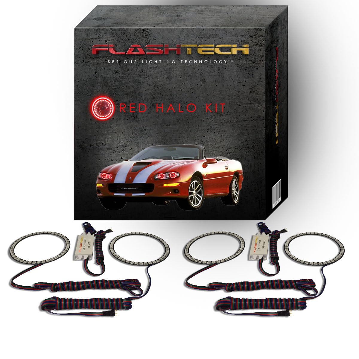 Flashtech Bright Red LED Halo Ring Headlight Kit for 1998-2002 Chevrolet Camaro - Durable Aftermarket Headlights with Angel Eye Effect for Night Driving & Car Customization