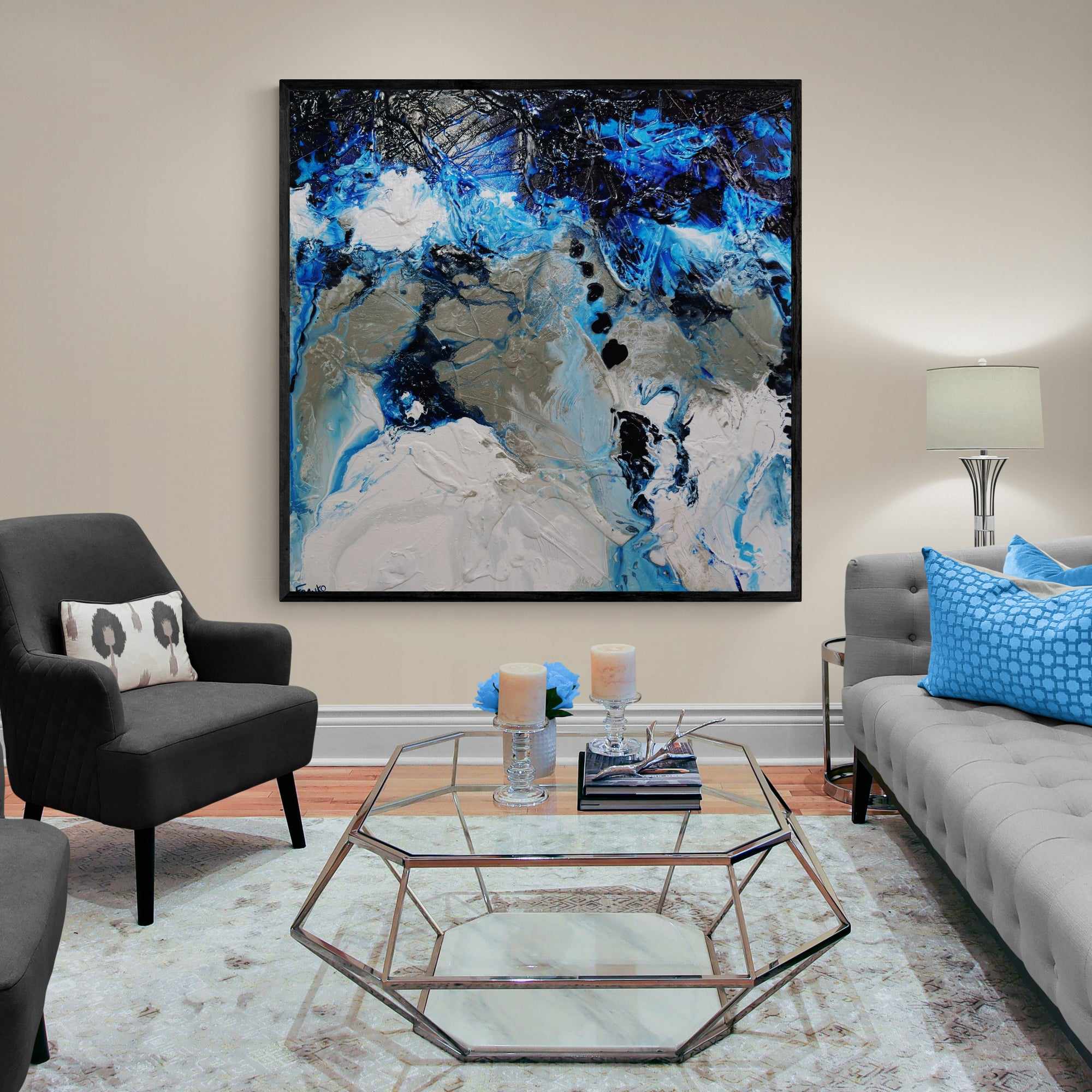 Blue Genetics 120x120cm Blue White Textured Abstract Canvas Wall Art - Modern Home Decor for Living Room, Bedroom & Office