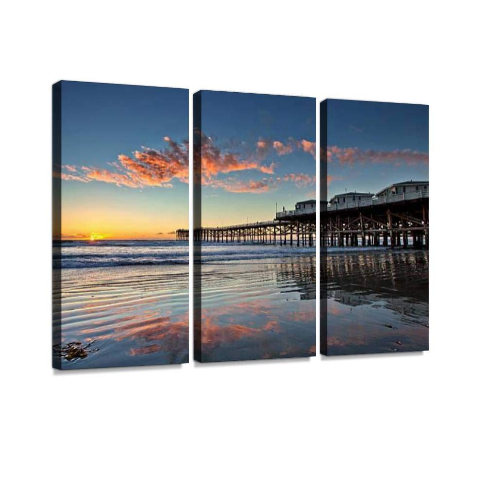 3 Panel Wall Art Modern Canvas Prints - Sunset at Crystal Pier, Pacific Beach San Diego California - Wooden Framed Pictures for Living Room & Bedroom Decor - Ready to Hang - Perfect for Coastal, Beach House & Boho Home Decor
