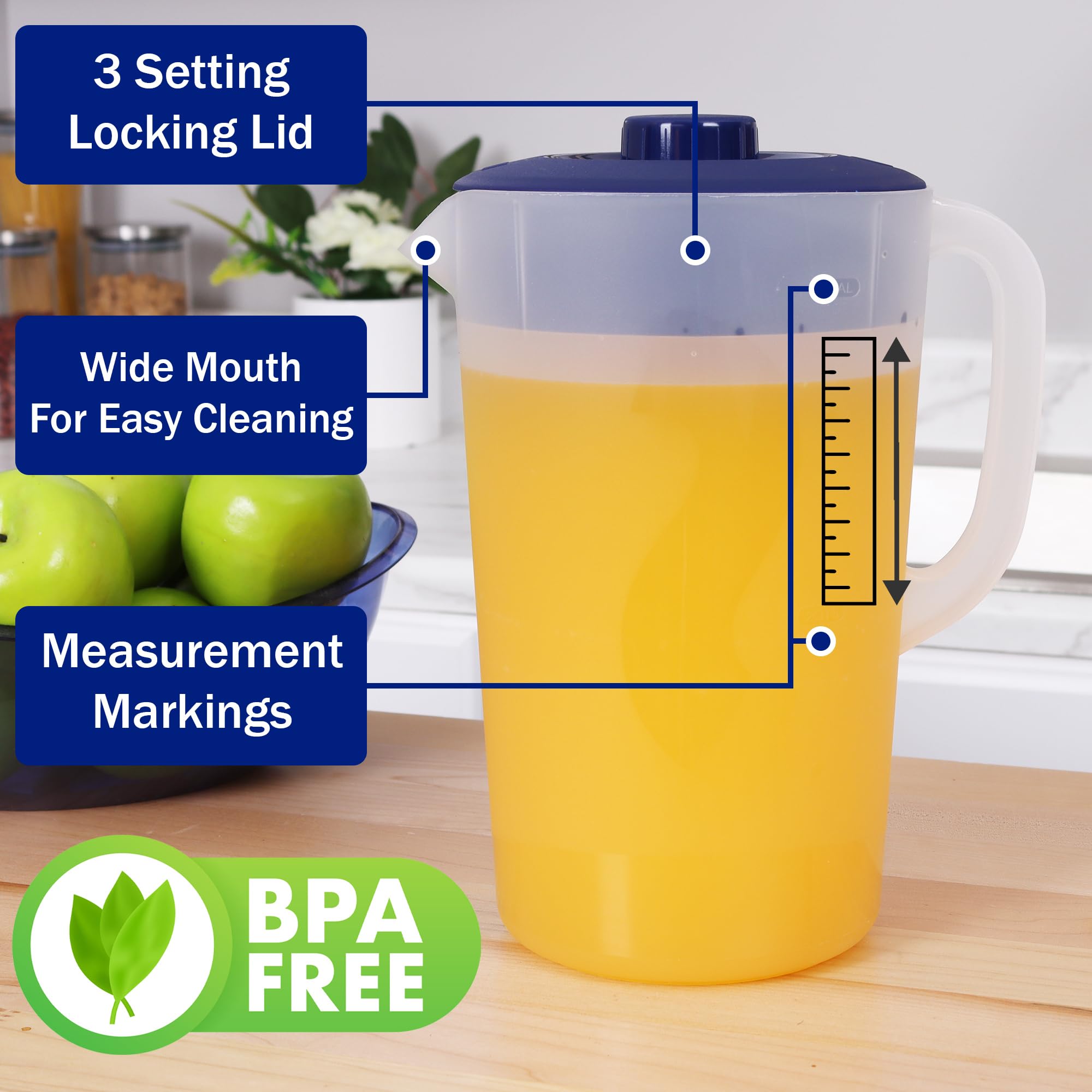 Half Gallon Water Pitcher with Lid - 64oz BPA Free Plastic Pitcher for Juice & Beverages - Freezer & Dishwasher Safe - Perfect for Refrigerator, Kitchen, Office & Outdoor Use