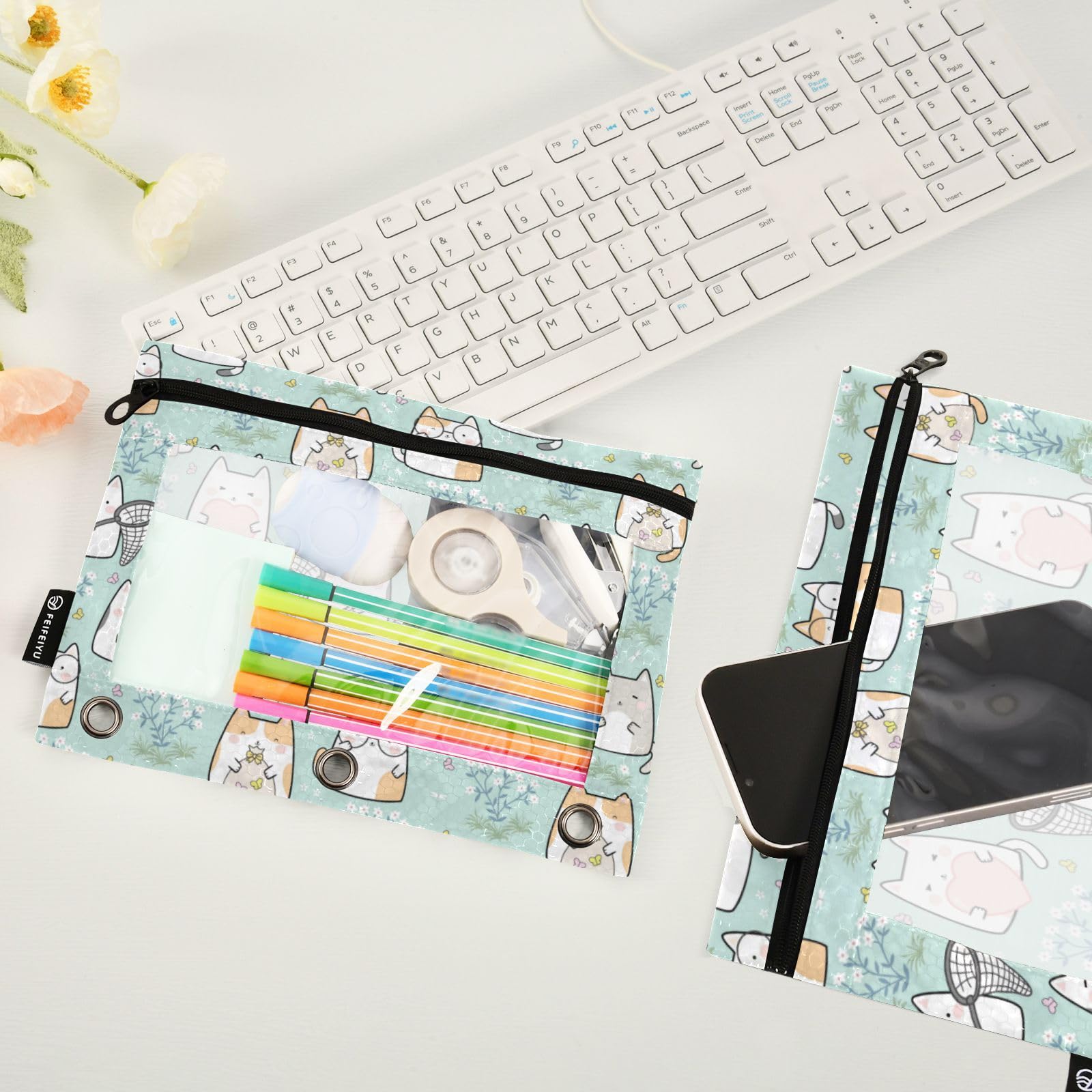 Kawaii Cute Cat Pencil Pouch for 3 Ring Binder - Clear Window Zipper Pencil Case for School & Office Supplies (2 Pack) - Perfect for Organizing Pens, Markers & Stationery in Binders