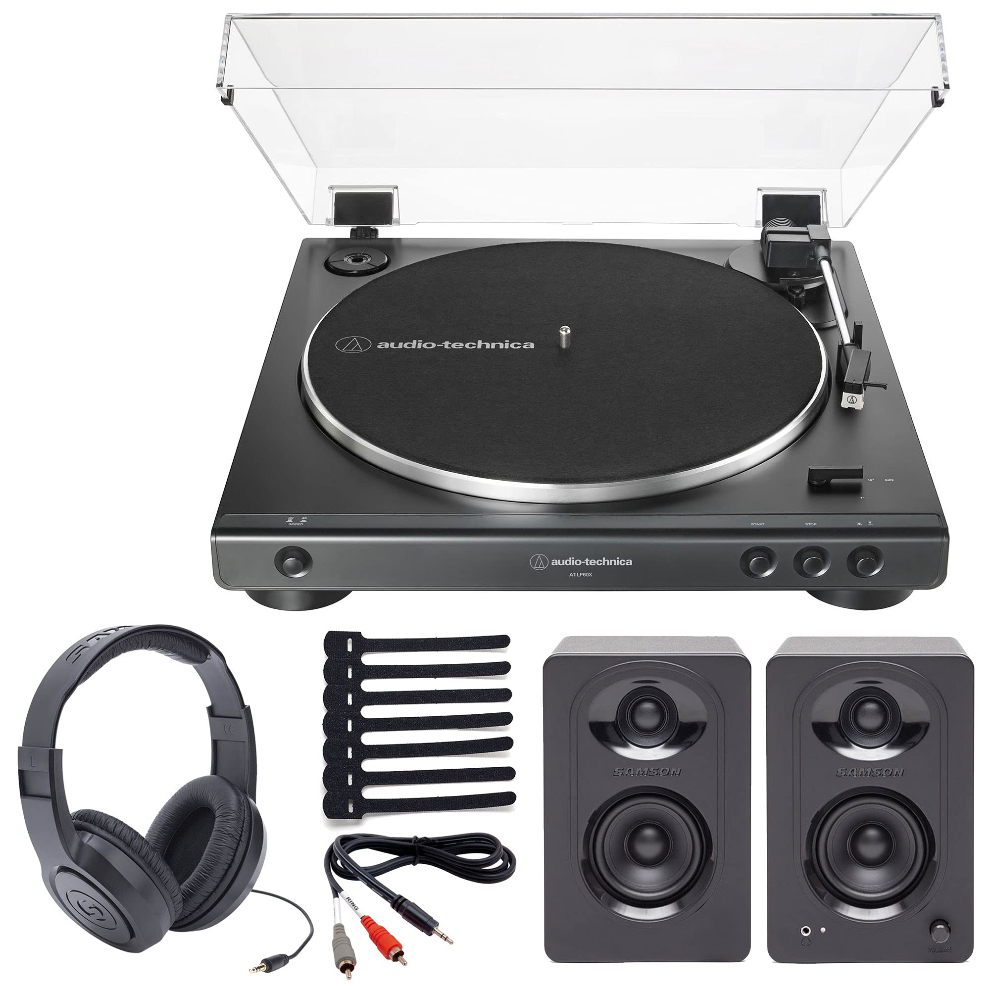 Audio-Technica AT-LP60X Bluetooth Stereo Turntable (Black) with Samson Powered Studio Monitors & Headphones - Complete Vinyl Record Player Bundle for Home DJ Setup & Music Production