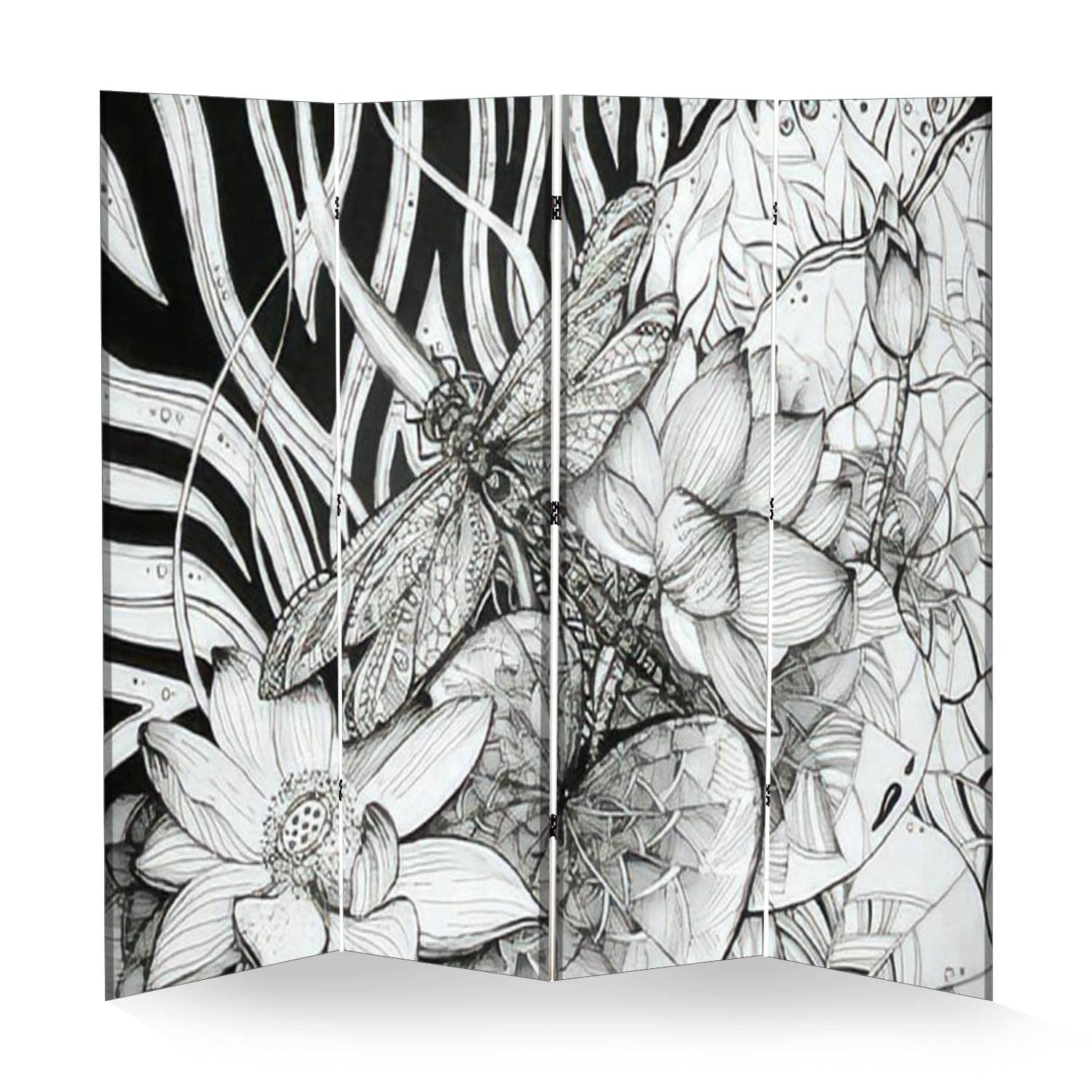 Elegant Wooden Room Divider with Lotus & Dragonfly Design - 4-Panel Folding Privacy Screen, Dual-Sided Canvas Partition for Home Decor, Office, Bedroom & Living Room Spaces