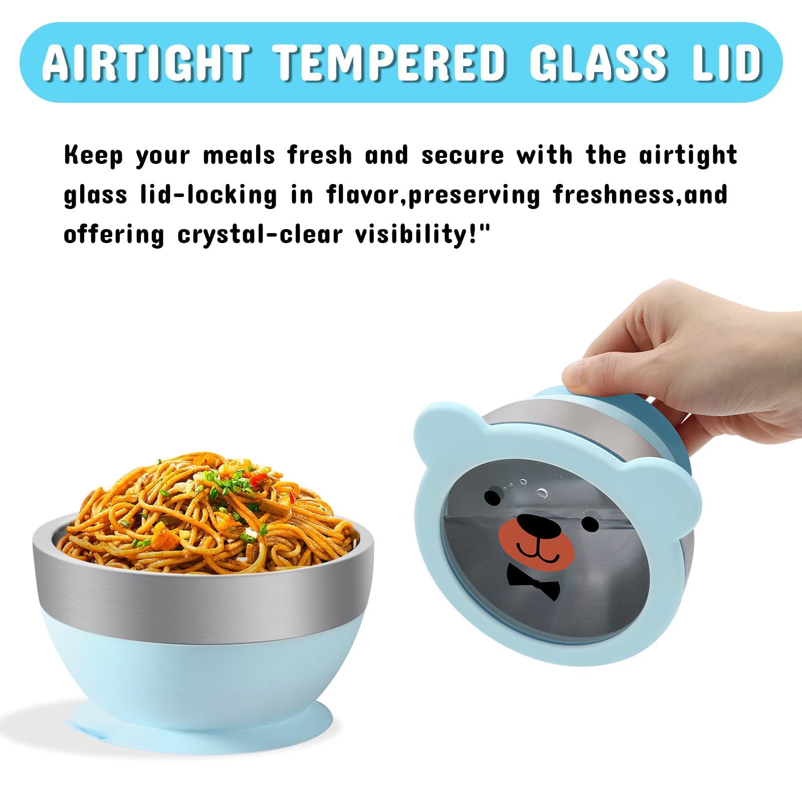 Non-Slip Silicone Suction Bowl & Spoon Set for Babies - 304 Stainless Steel Bowls with Double-Layer Insulation & BPA-Free Lids | Food-Grade Safe Feeding Essentials for Toddlers | Perfect for Highchair, Travel & Mess-Free Mealtime (Blue)