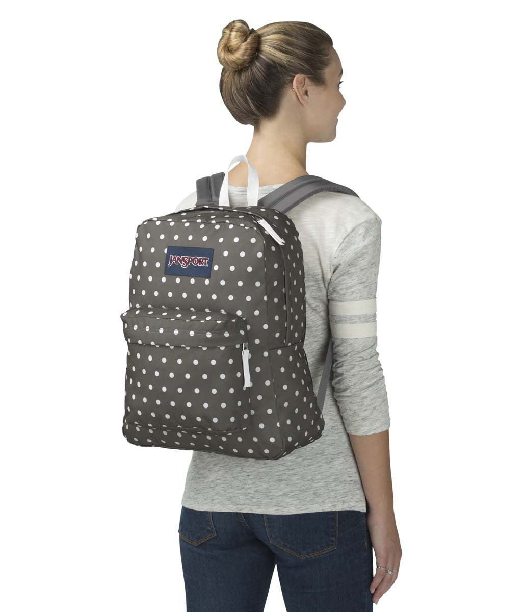 JanSport Superbreak Backpack - Lightweight Laptop Backpack for School & Travel, Shady Grey/White Dots Design, Durable College Bookbag - Perfect for Students, Commuters & Outdoor Adventures