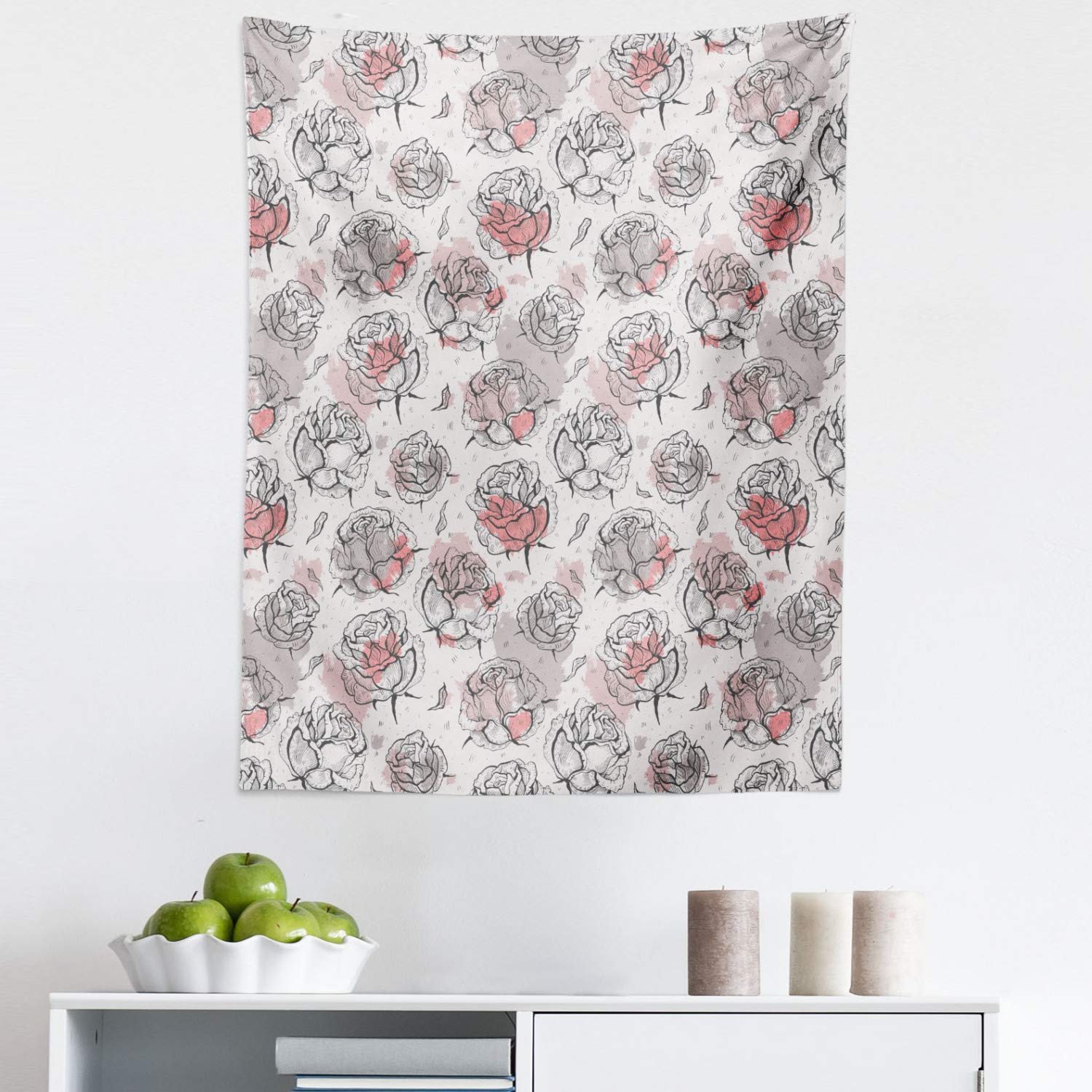 Ambesonne Rose Floral Tapestry Wall Hanging - Pastel Watercolor Flower Design with Soft Coral Grey Accents, 23x28 Inch Fabric Art Decor for Bedroom, Living Room, Dorm - Perfect for Boho Chic Home Decor & Gift Ideas