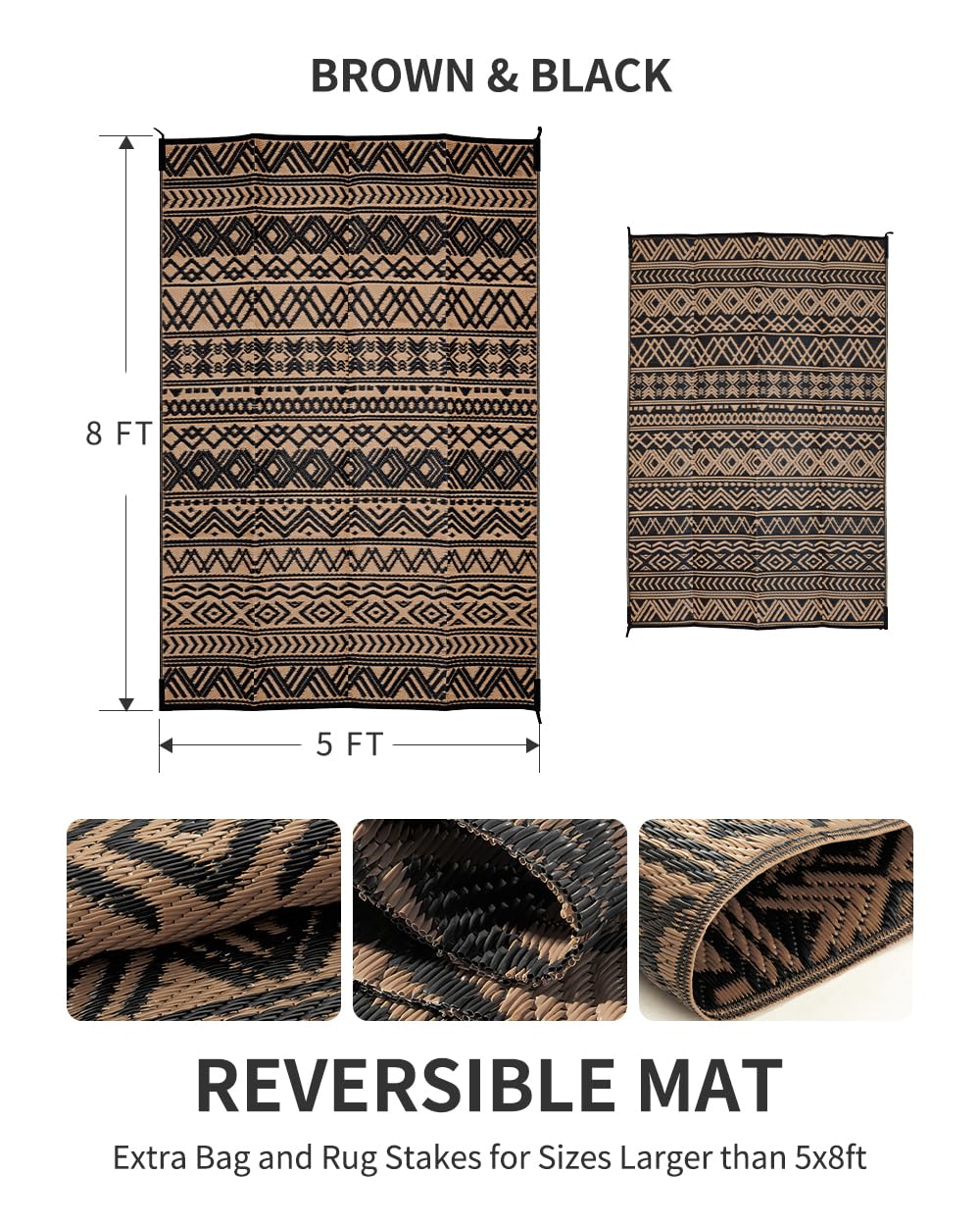 MontVoo 5x8 ft Waterproof Reversible Outdoor Rug - Durable Plastic Straw Patio Carpet for RV, Camping, Deck, Balcony, Picnic & Beach | Indoor/Outdoor Boho Decor in Black & Brown | Perfect for Patio Furniture, Backyard Gatherings & Coastal Themed Spaces