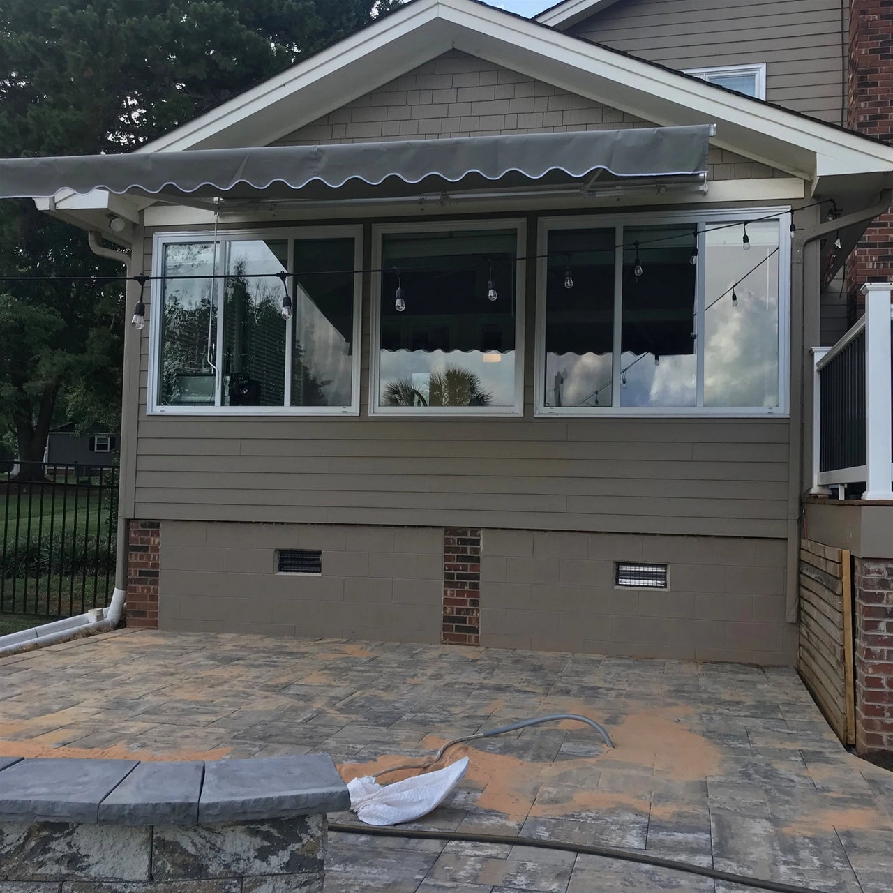 16x10 FT Aleko Motorized Retractable Patio Awning with White Frame - Gray Color for Outdoor Shade, Deck & Backyard Protection