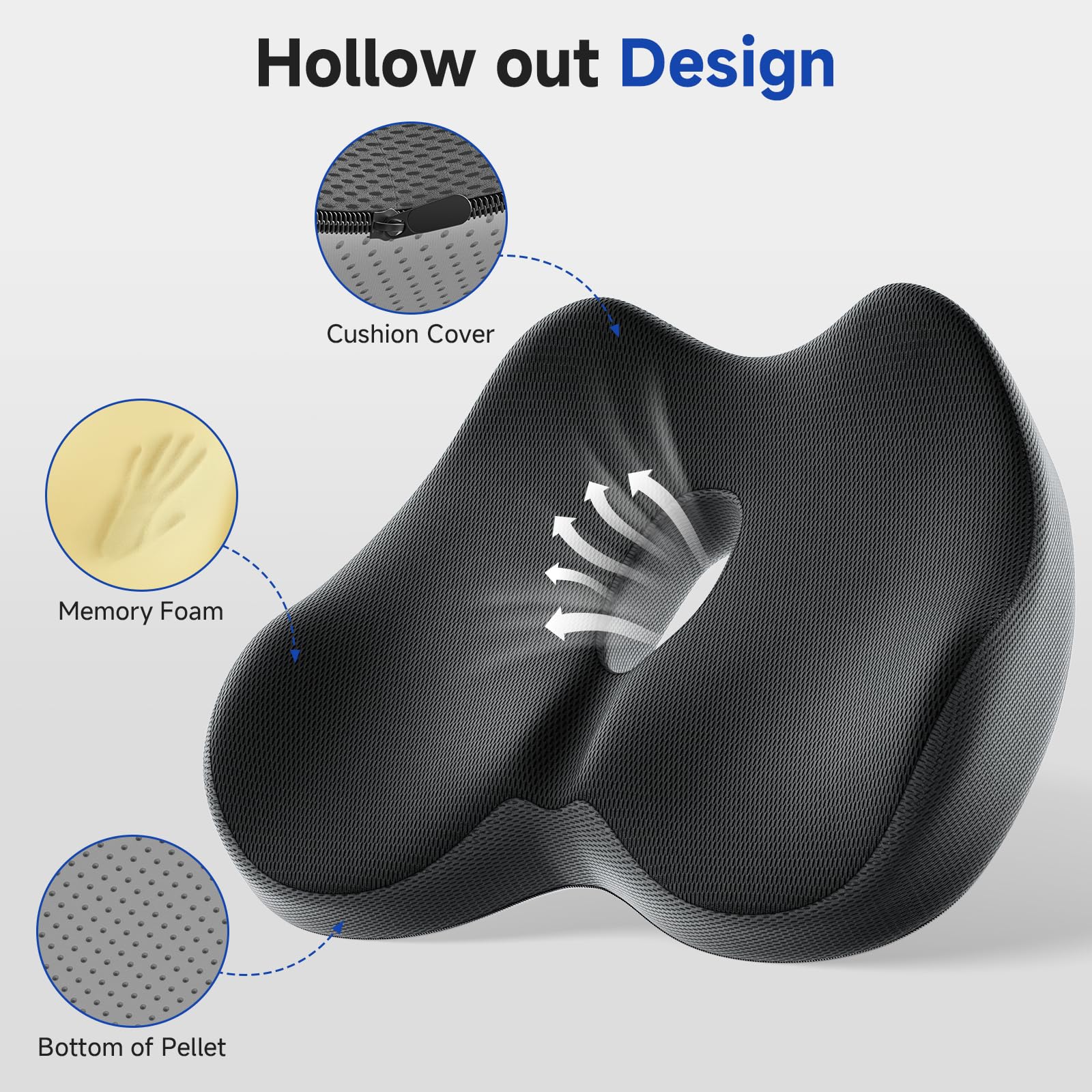 Benazcap Memory Foam Office Chair Cushion - Ergonomic Seat Cushion for Sciatica & Tailbone Pain Relief - Comfortable Support for Long Sitting, Gaming Chairs & Car Seats (Black & Gray) - Perfect for Home Office, Work, Driving & Gaming