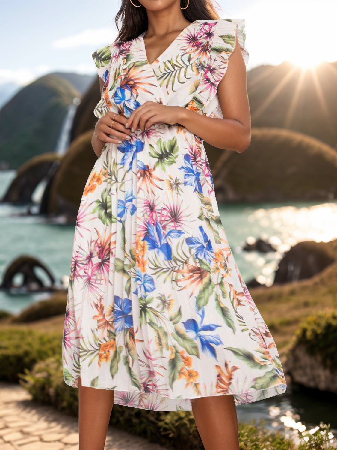 Classic Midi Vacation Dress - Flowy Summer Sundress for Beach, Travel & Date Night | Women's Casual A-Line Dress with Pockets