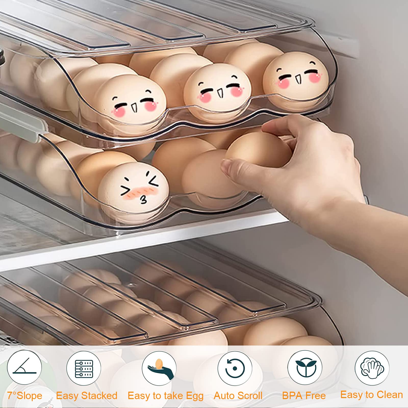 Auto Rolling Egg Storage Container for Fridge - 2 Layer Kitchen Organizer with Lids | Perfect for Fresh Egg Storage, Space Saving Fridge Organization & Easy Access in Breakfast Cooking