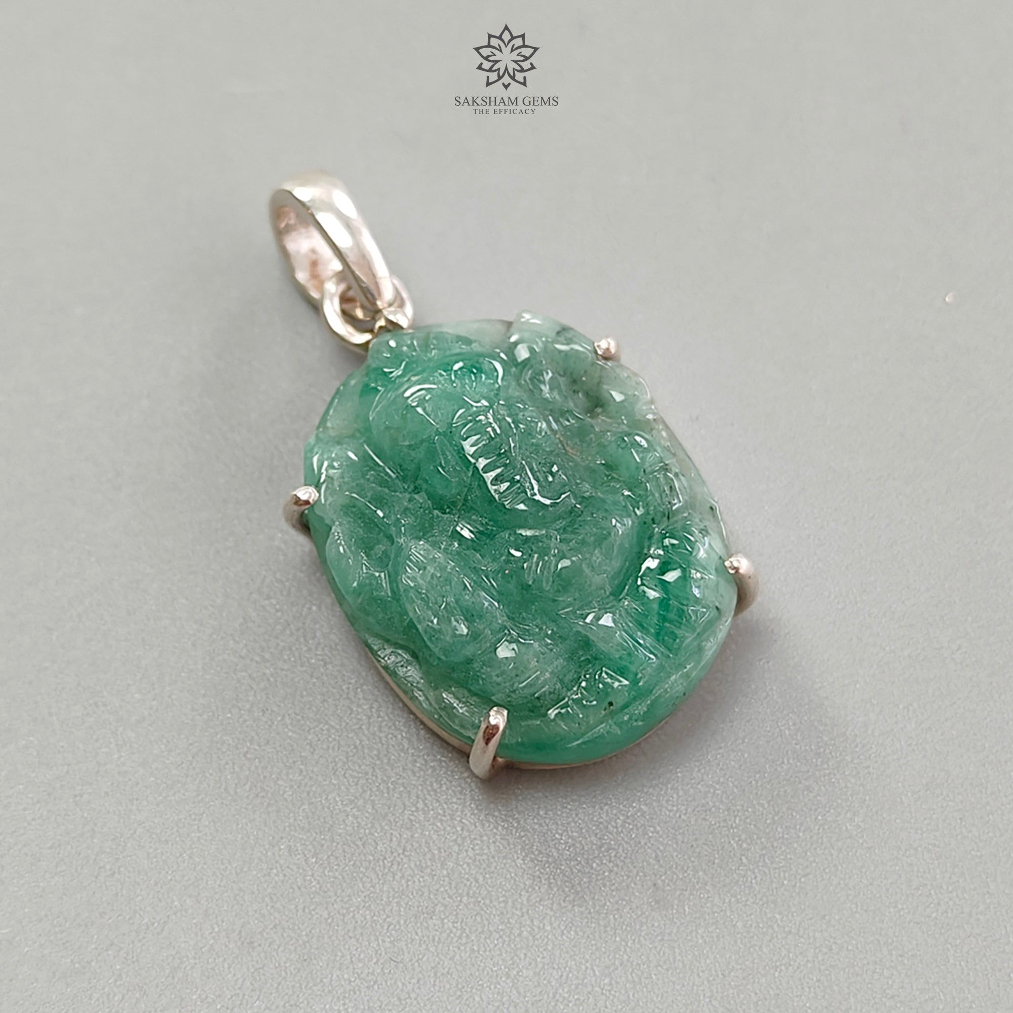 Natural Untreated Green Emerald Ganesha Pendant - 4.58gm 925 Sterling Silver Prong Set (1.25 Inch) | Spiritual Jewelry for Meditation, Yoga & Hindu Festivals