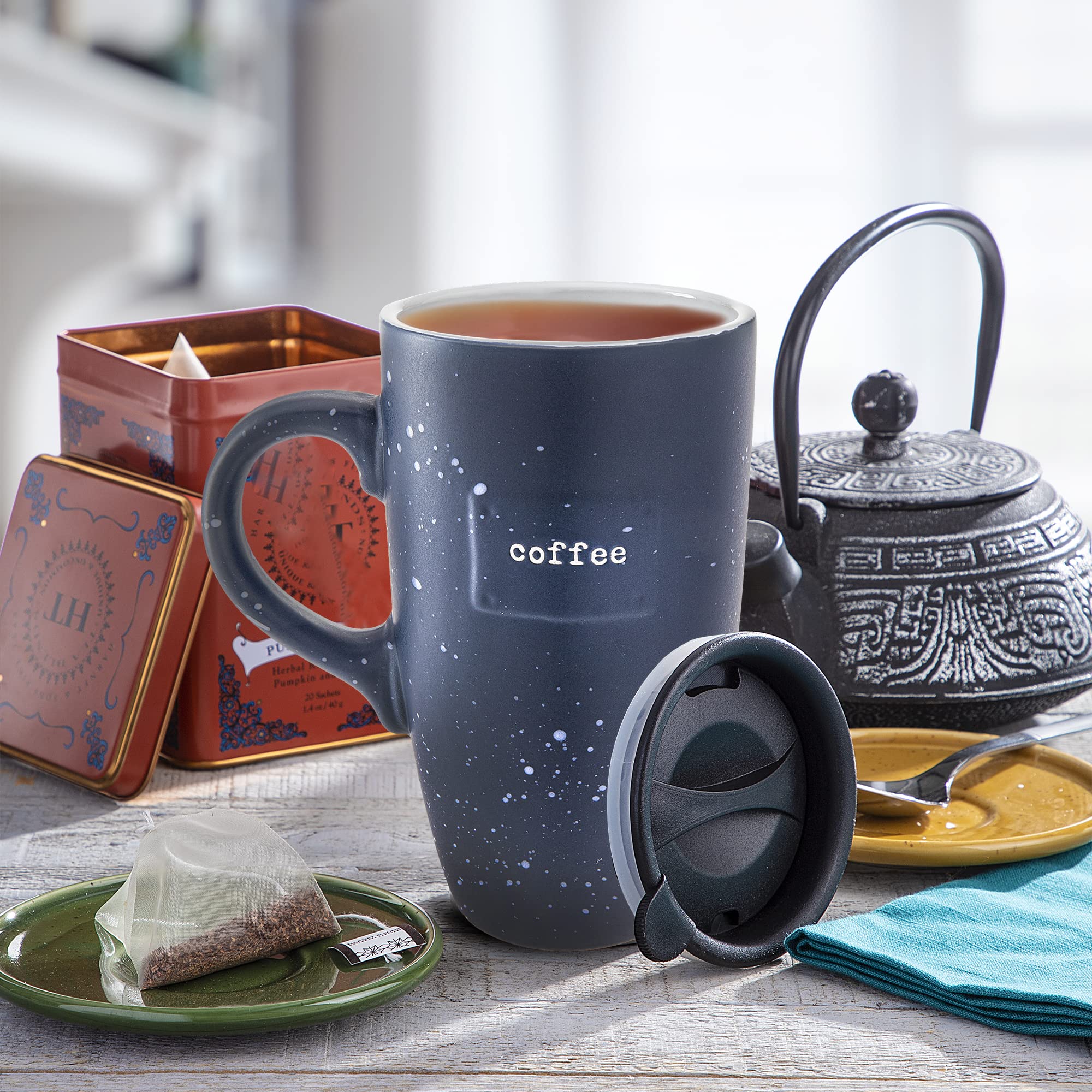 Sheffield Stoneware Travel Mug - 20oz Navy Blue Speckled Coffee Cup with Lid for Tea, Latte & Hot Chocolate - Perfect for Commuting