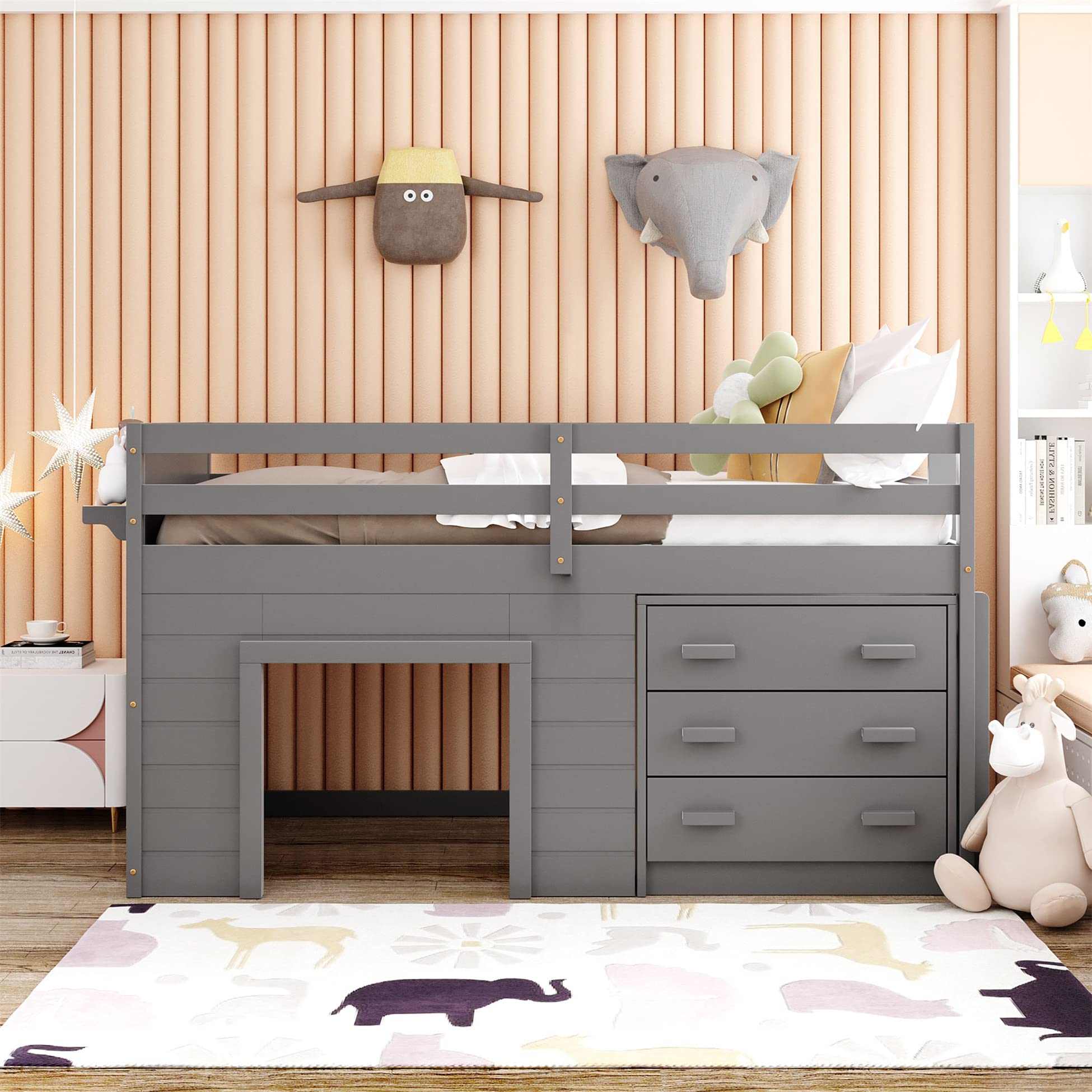 Harper & Bright Designs Low Loft Bed with Storage Drawers & Cabinet - Twin Size Wooden Loft Bed for Kids with Bedside Tray - Space-Saving Furniture for Small Bedrooms (Grey) - Perfect for Kids' Rooms, Dorms & Small Spaces