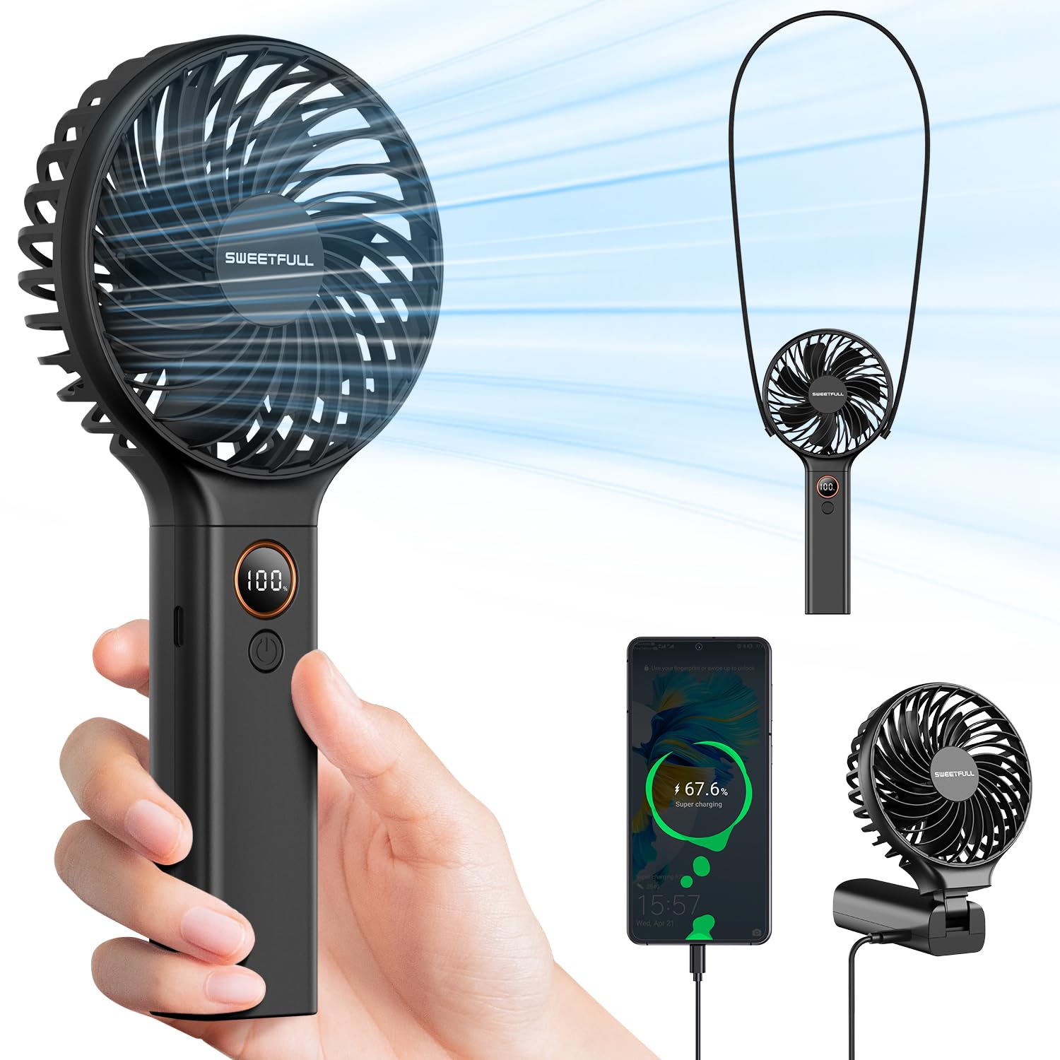 SWEETFULL 5000mAh Rechargeable Handheld Fan - Portable Mini Personal Cooling Fan with Backup Power, USB Desk Fan for Women, Girls, Travel, Office, Home & Outdoor Activities