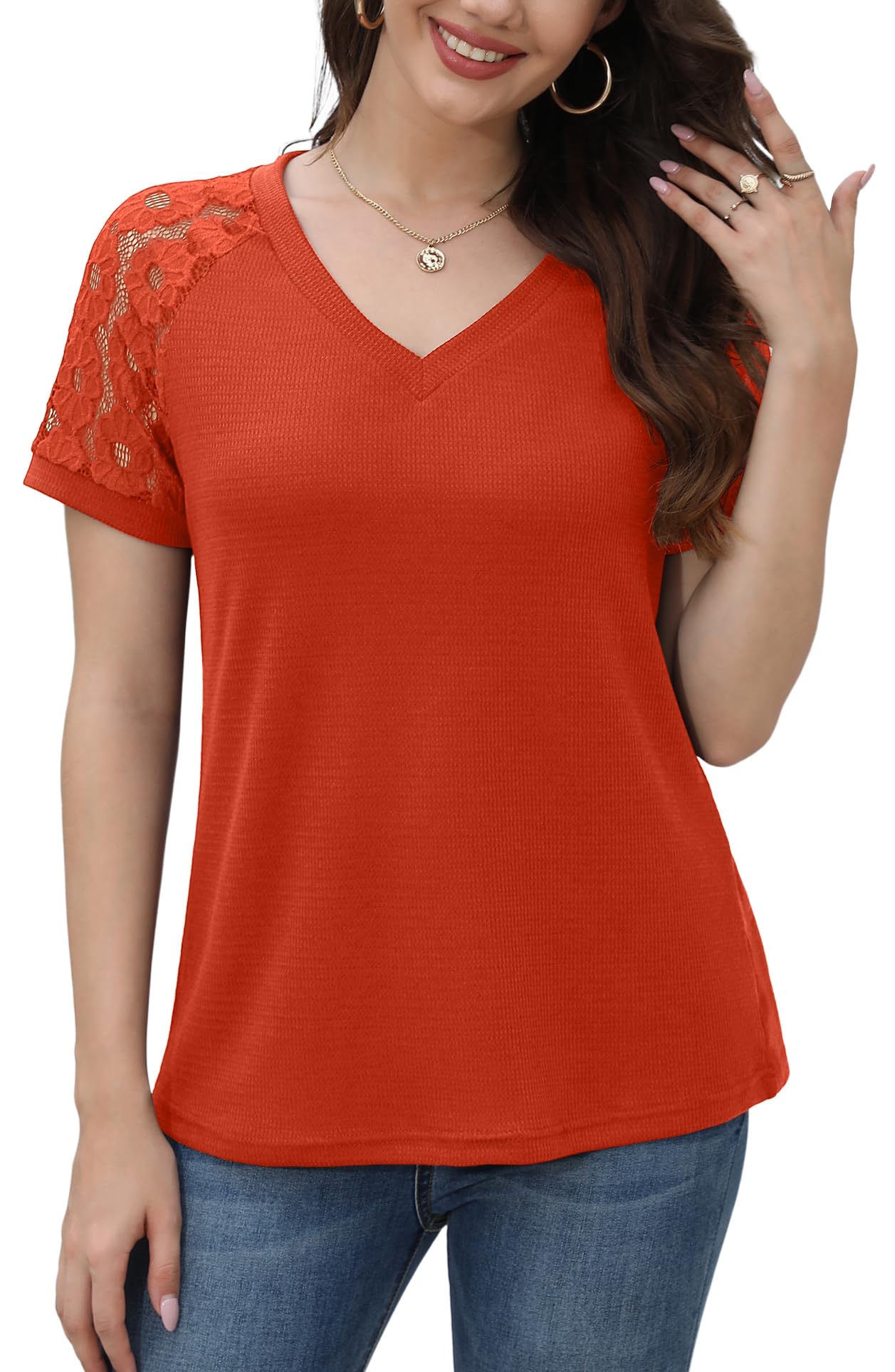 Jouica Women's Summer Lace Short Sleeve V-Neck Blouse - Loose Casual Waffle Tee Top for Beach, Vacation & Everyday Wear