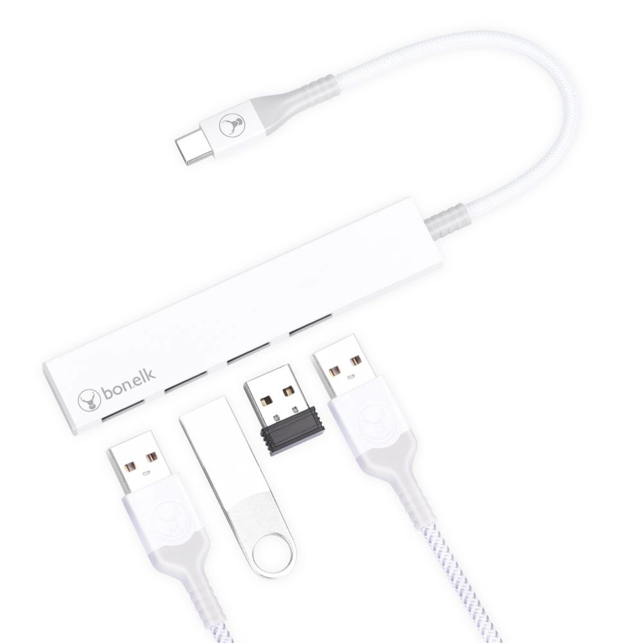 Bonelk 4-Port USB 3.0 Hub with USB-C Connector - Slim & Portable Multi-Port Adapter for Laptop, PC, MacBook - Fast Data Transfer & Charging (White) - Perfect for Home Office, Travel & Workspace Setup