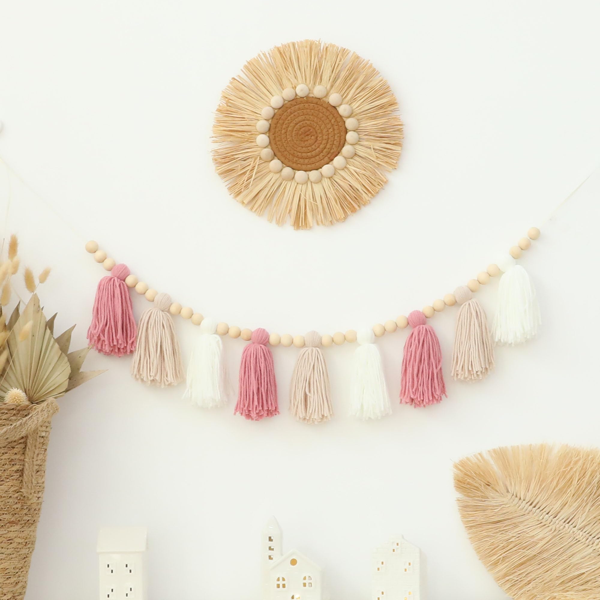 Boho Yarn Tassel Garland - Pink Decorative Banner with Natural Wood Beads | Perfect for Baby Shower Decor, Kids Bedroom, Nursery Wall Hanging & Boho Home Decor