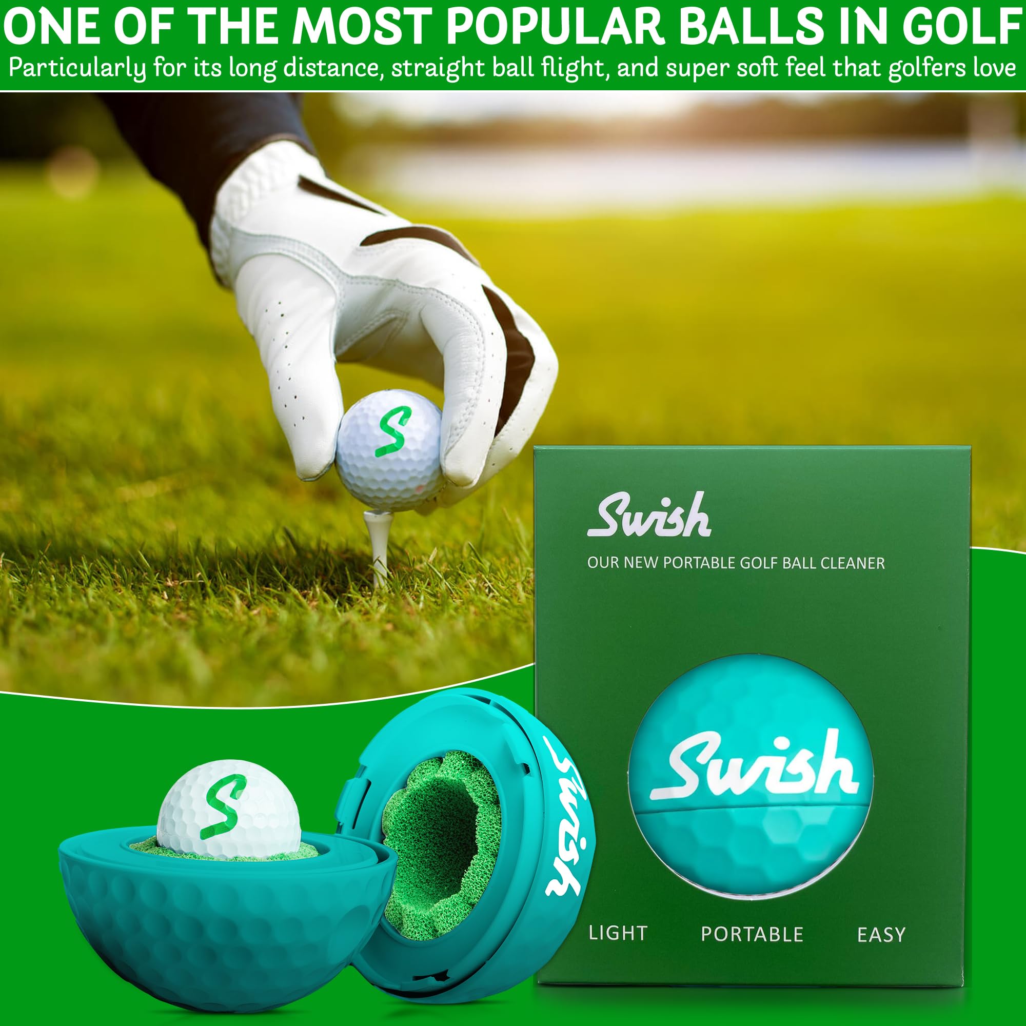 Swish Portable Golf Ball Cleaner – Clip-On Golf Accessory for Golf Bag or Cart – Best Golf Gift for Men & Women – Ideal for Driving Range & Course Play