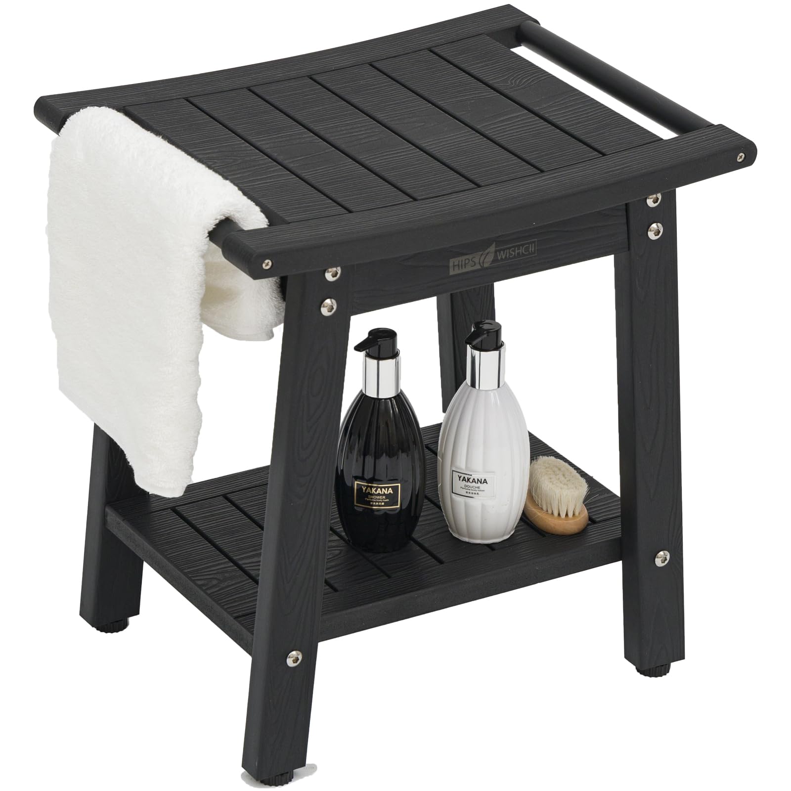WISHCII Waterproof Shower Chair - Heavy Duty HIPS Shower Bench with Towel Rack & Storage Shelf - Non-Slip Bath Seat for Elderly & Disabled Adults - Ideal for Bathroom Safety & Comfort (Black) - Perfect for Seniors, Post-Surgery Recovery & Handicap Accessibility